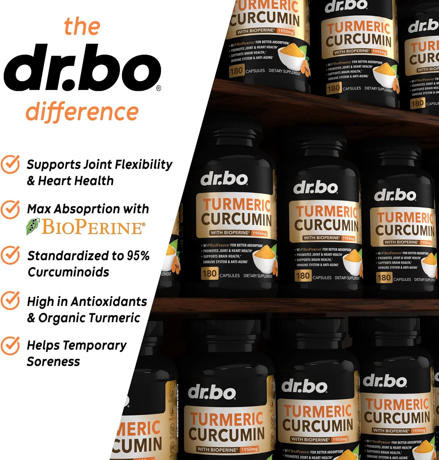 Curcumina de cúrcuma con cápsulas de suplemento BioPerine, suplementos naturales de apoyo articular con 1950 mg de cúrcuma Longa Pure Organic