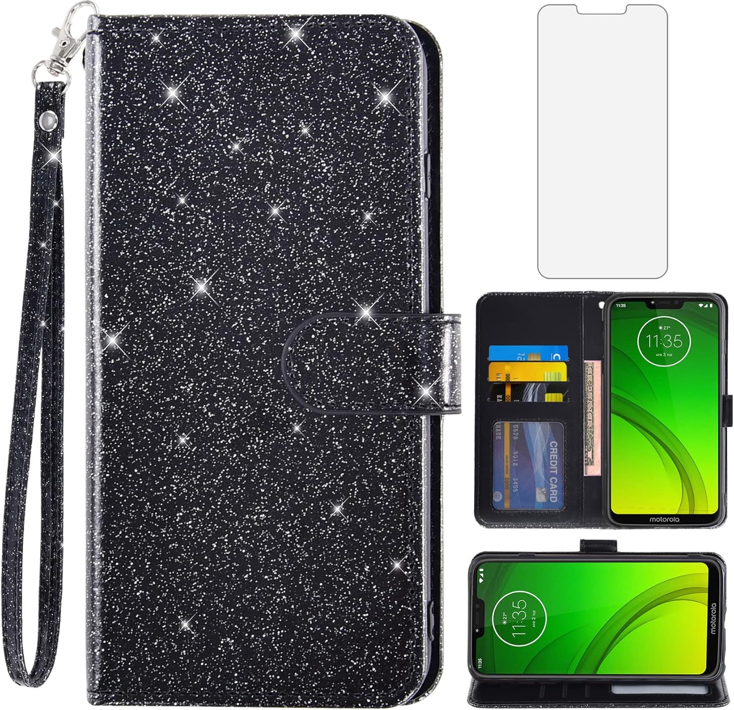 Asuwish Funda de teléfono para Moto G7 PowerMotoG7 SupraMoto7 Optimo Max con protector de pantalla y cartera con purpurina, ranura para tarjetero,