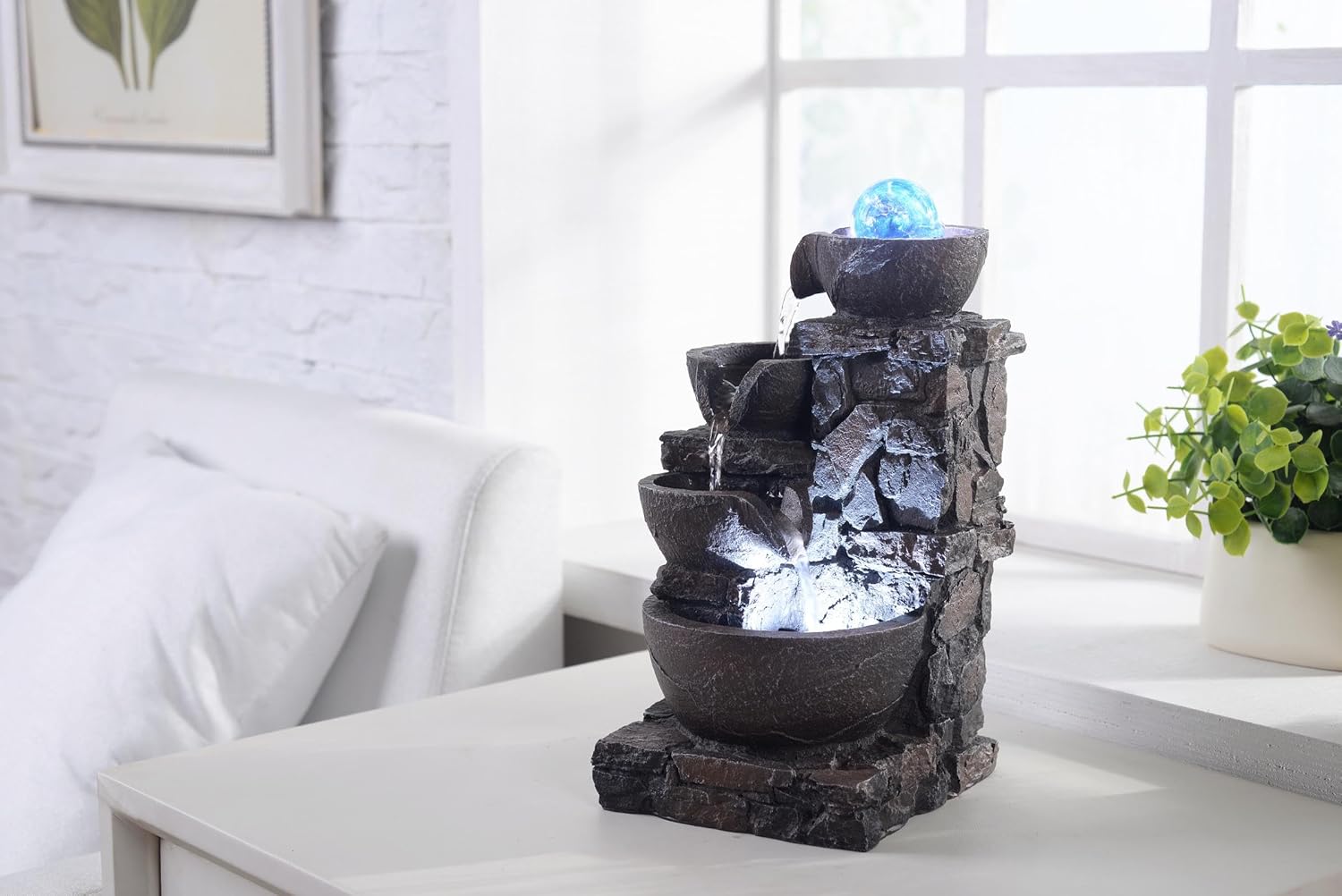 MSEONWXI Fuente de mesa para decoración del hogar, piedra interior, cuatro tazones, rocas de río naturales, decoradas, luces coloridas, bola rodante