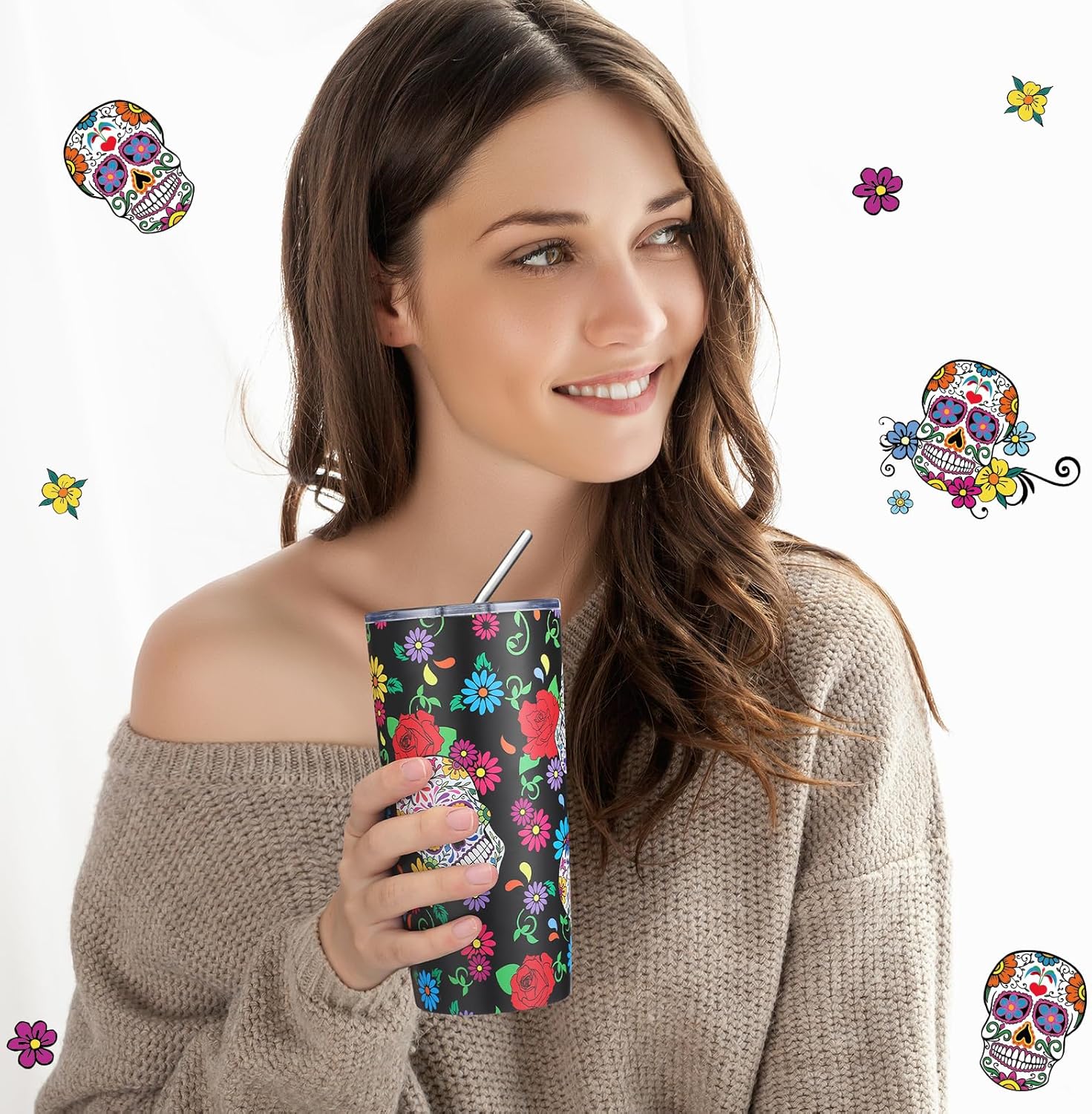 4 vasos de café de calavera de azúcar con tapas y pajitas, tazas de calaveras de 20 onzas, tazas de acero inoxidable con aislamiento al vacío, tazas