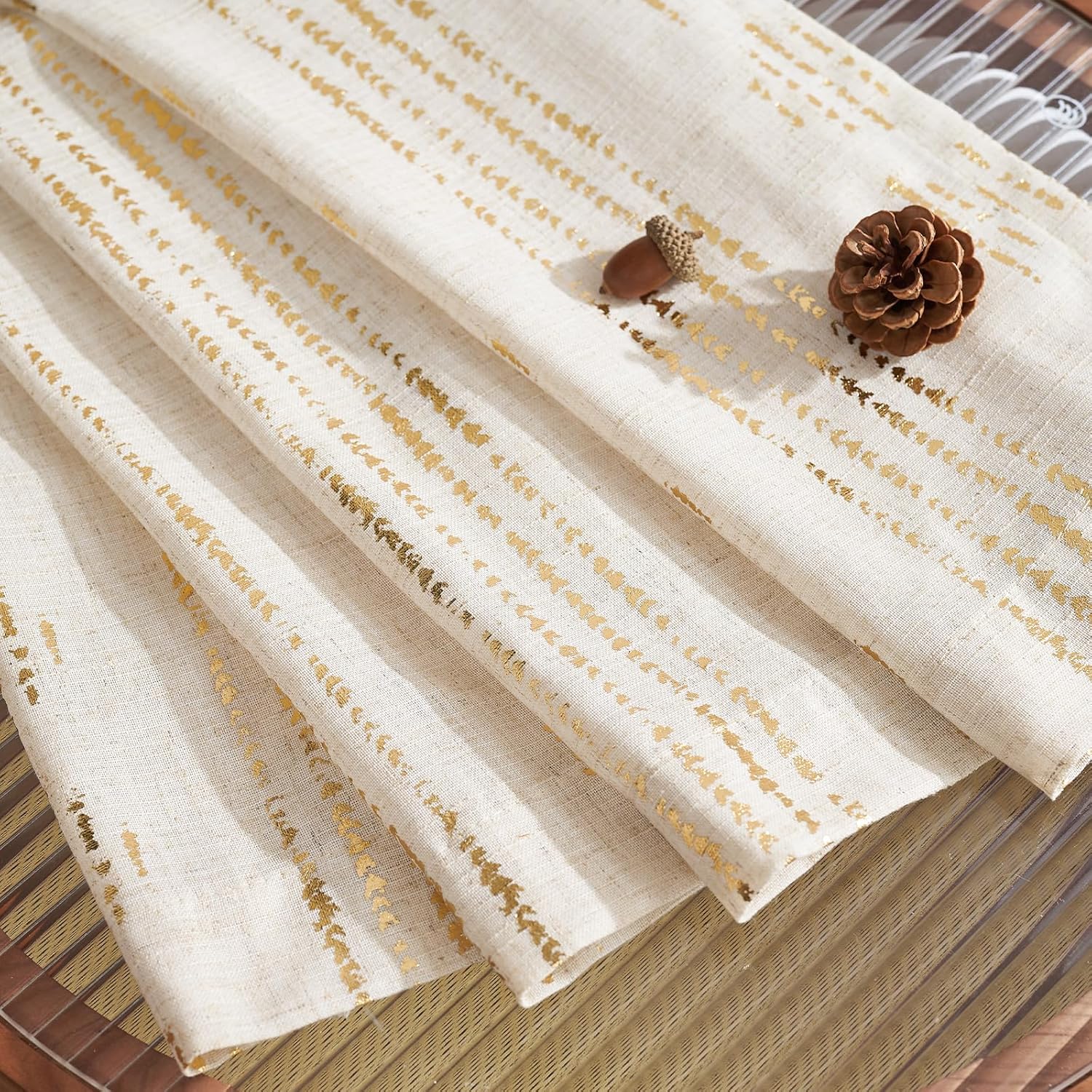 jinchan Cortinas bohemias de lino para sala de estar, cortinas con estampado de lámina dorada, 63 pulgadas de largo, 2 paneles de cortinas
