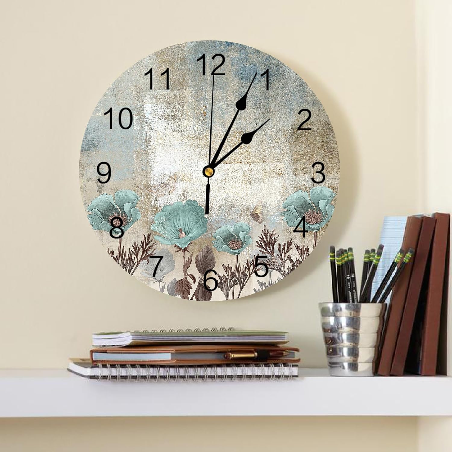 12 Inch Wall Clock Non-Ticking Silent Battery Operated Abstract Art Vintage Texture Teal Flowers Round PVC Wall Clock Decorative for