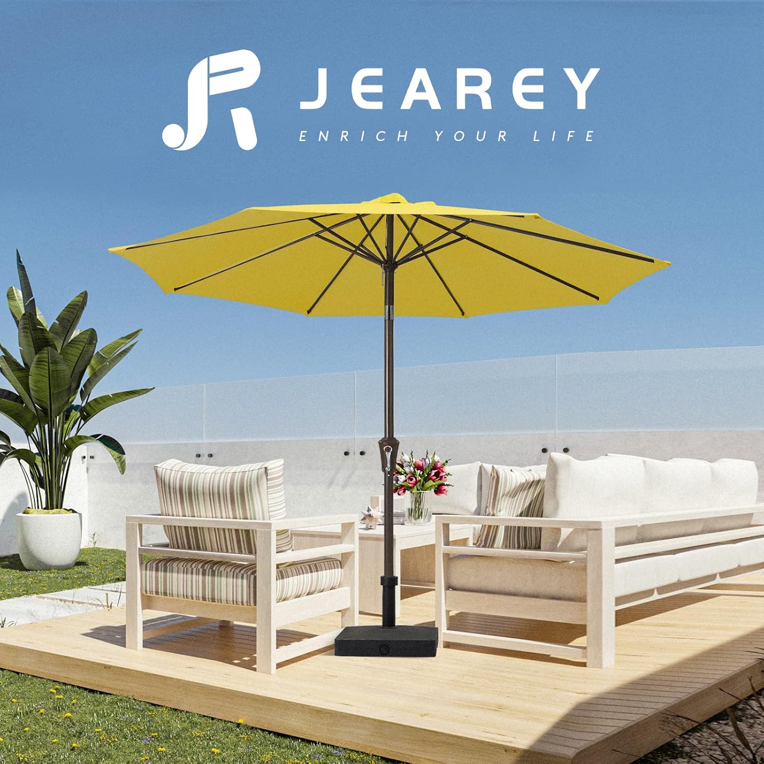JEAREY Sombrilla de mesa de patio al aire libre de 10 pies con botón de inclinación y manivela, sombrilla de mercado, 8 varillas resistentes,