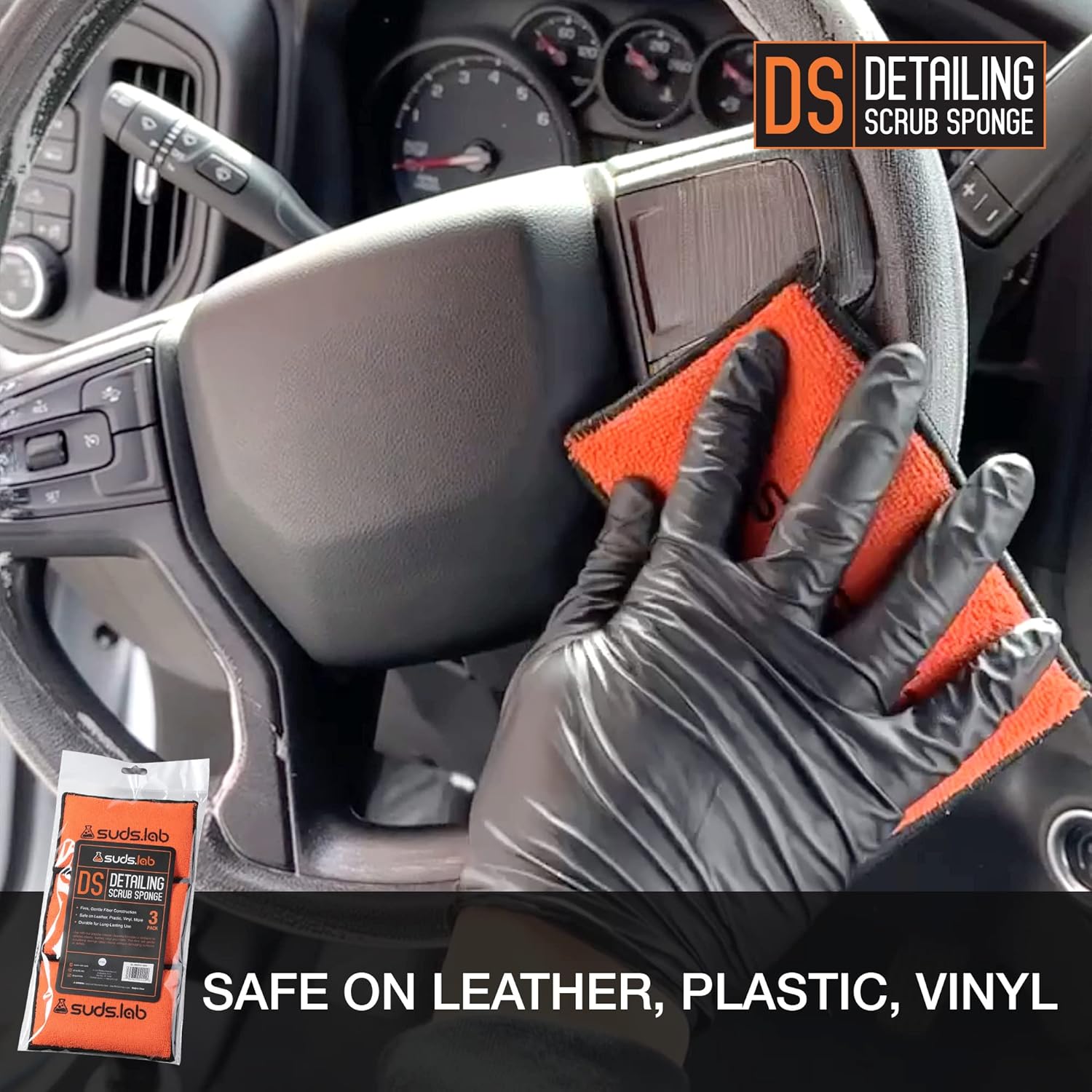 Suds Lab DS – Paquete de 3 almohadillas de microfibra para limpieza y detalles del interior del automóvil, juego de 3, seguras en cuero, vinilo,