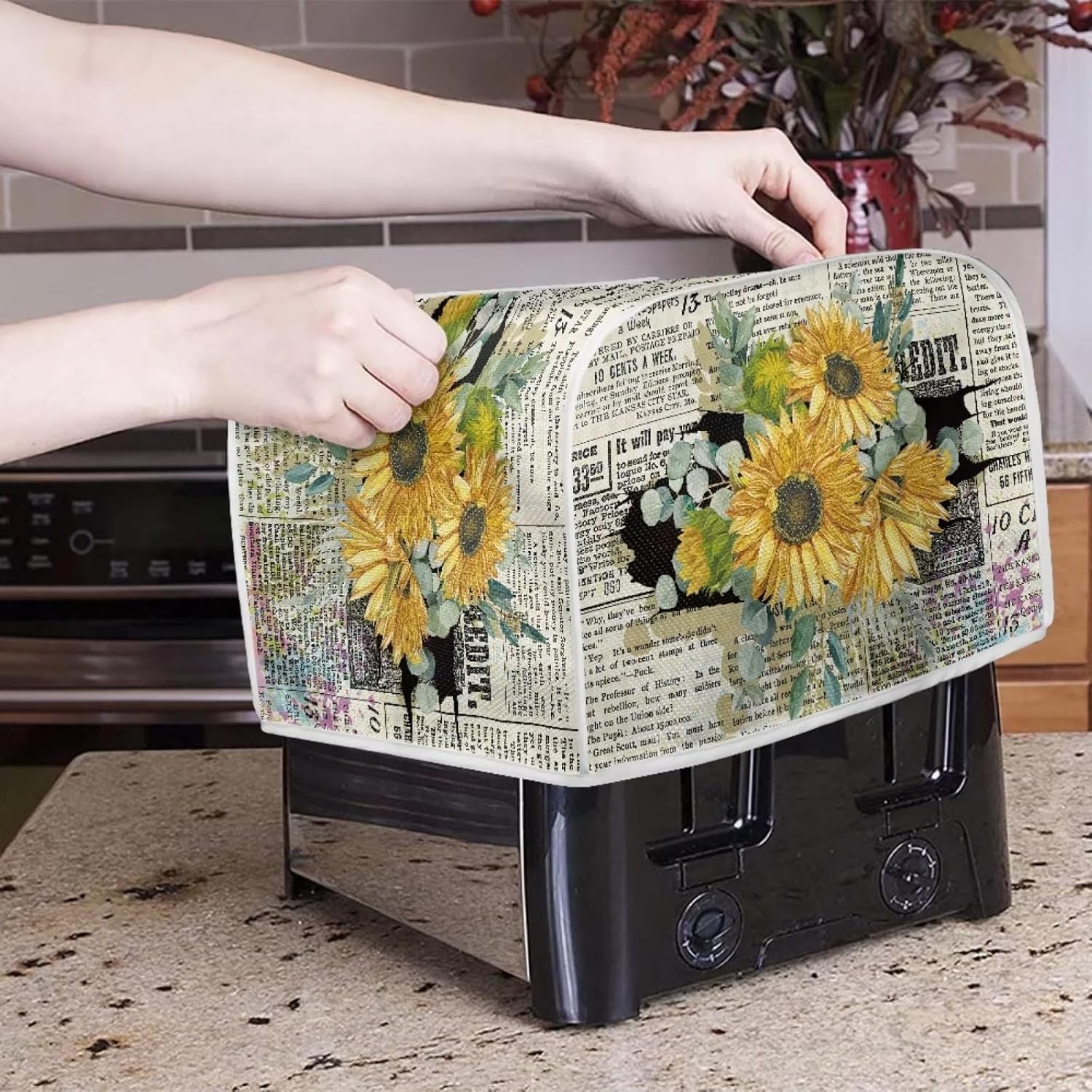 Cubiertas antipolvo retro para tostadora de periódicos con girasoles para electrodomésticos de cocina, cubierta de electrodomésticos de tostadora de