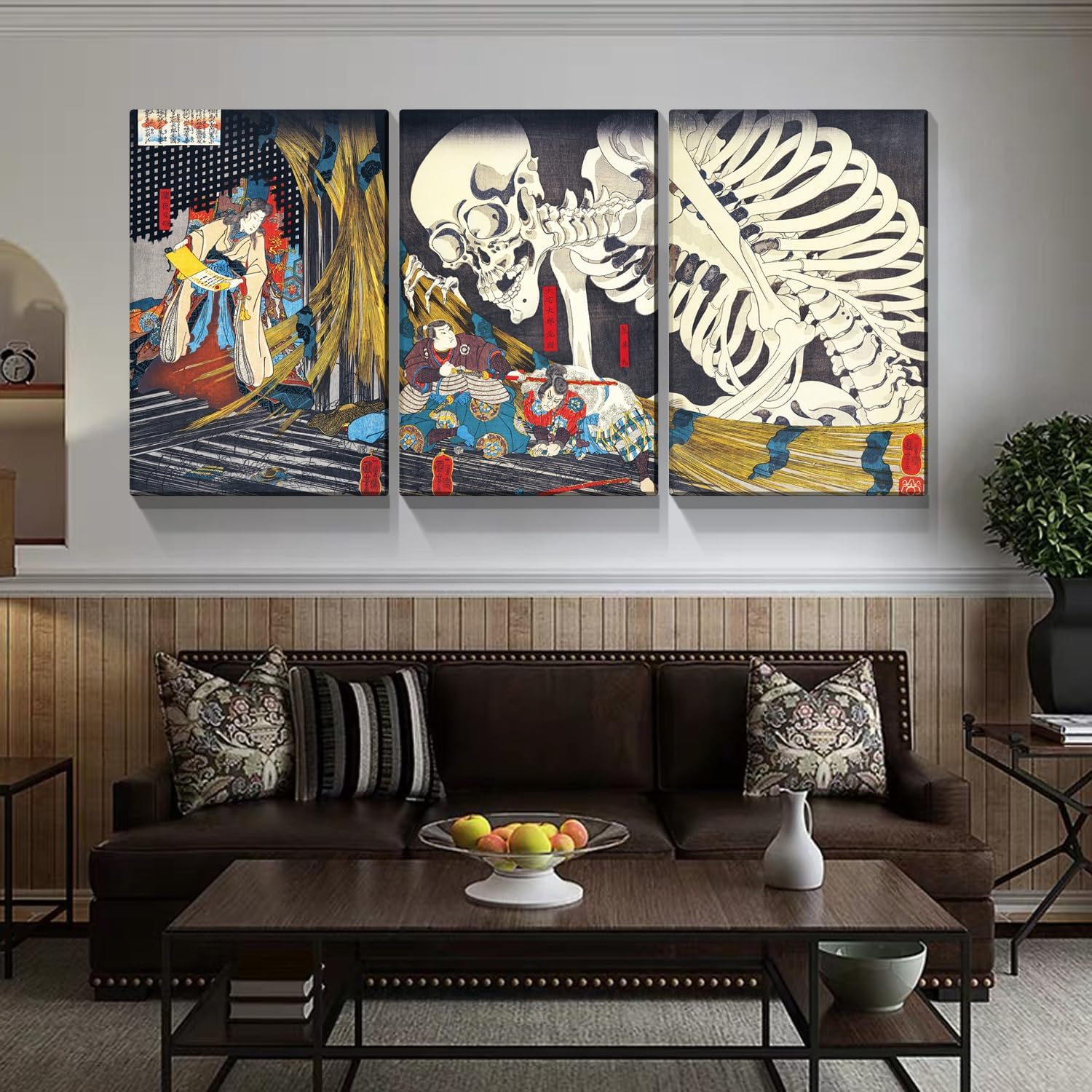 Dimpoli Lienzo de pintura japonesa para decoración de pared, 3 piezas, 24 x 36 pulgadas, Katsushika Hokusai, paisaje de la bruja y el esqueleto de