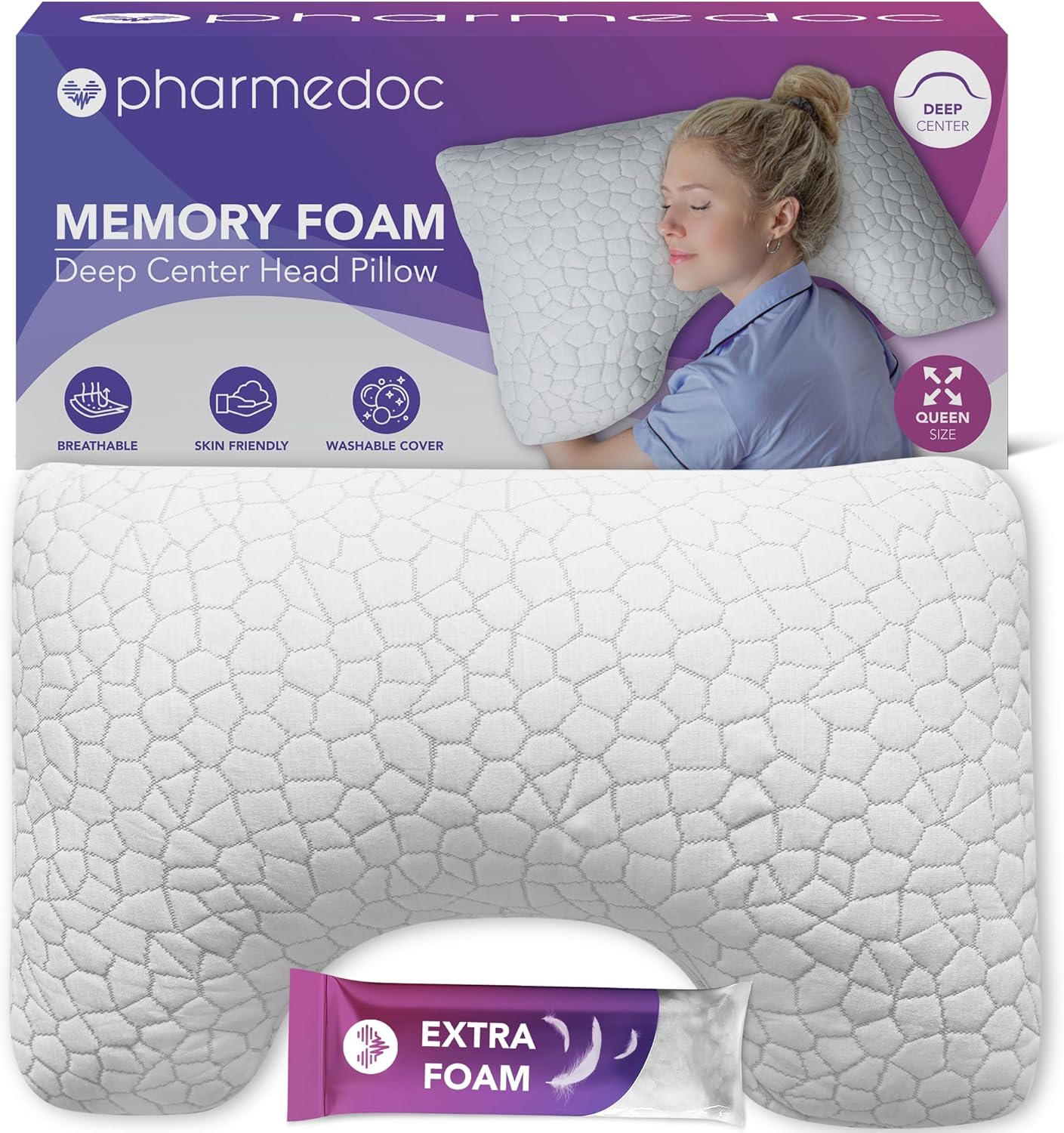 Pharmedoc Almohadas de espuma viscoelástica – Almohada para dormir de lado – Almohada curvada – Centro profundo – Almohada de cuello para aliviar el