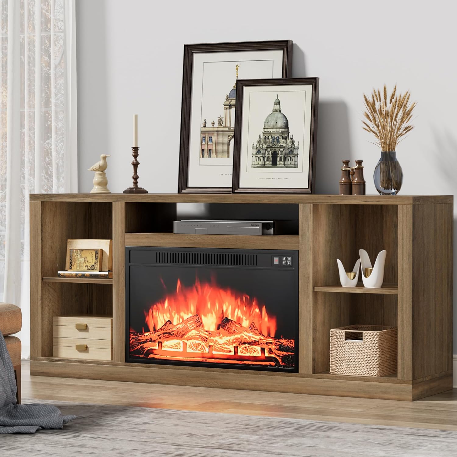 YESHOMY Soporte de TV con chimenea eléctrica para televisores de hasta 65 pulgadas, mesa consola central de entretenimiento multimedia con cuatro