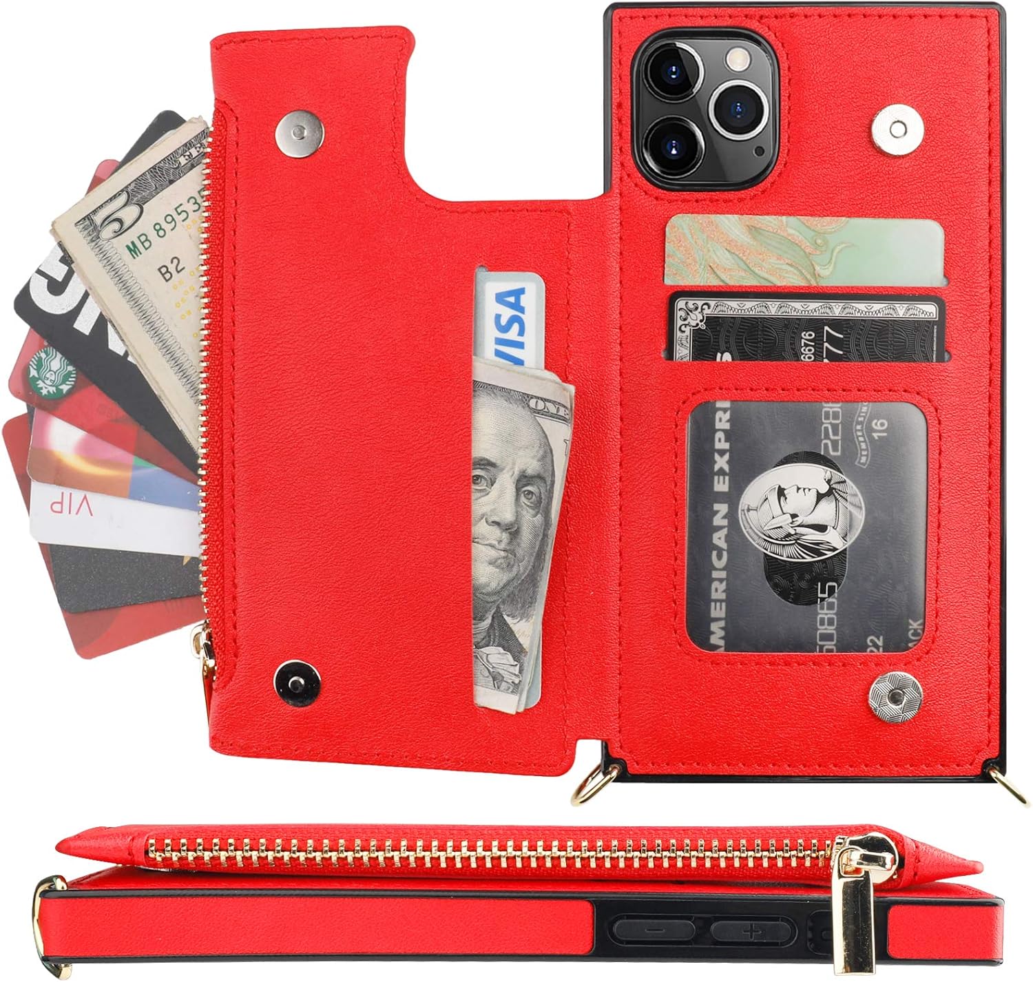 Bocasal Funda tipo cartera cruzada para iPhone 11 Pro con tarjetero, protector de ranura para tarjetas con cremallera, a prueba de golpes, con
