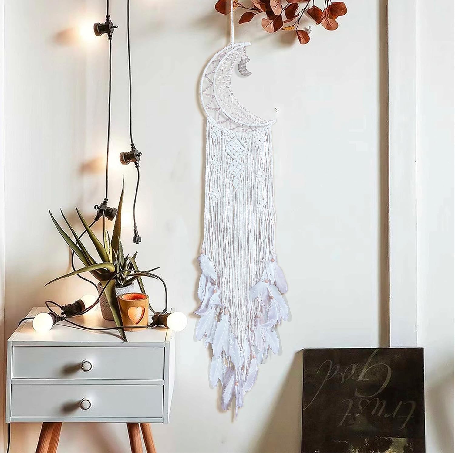 Atrapasueños de luna, atrapasueños bohemio, decoración de pared de plumas para dormitorio y hogar, decoración hecha a mano, decoración artesanal,