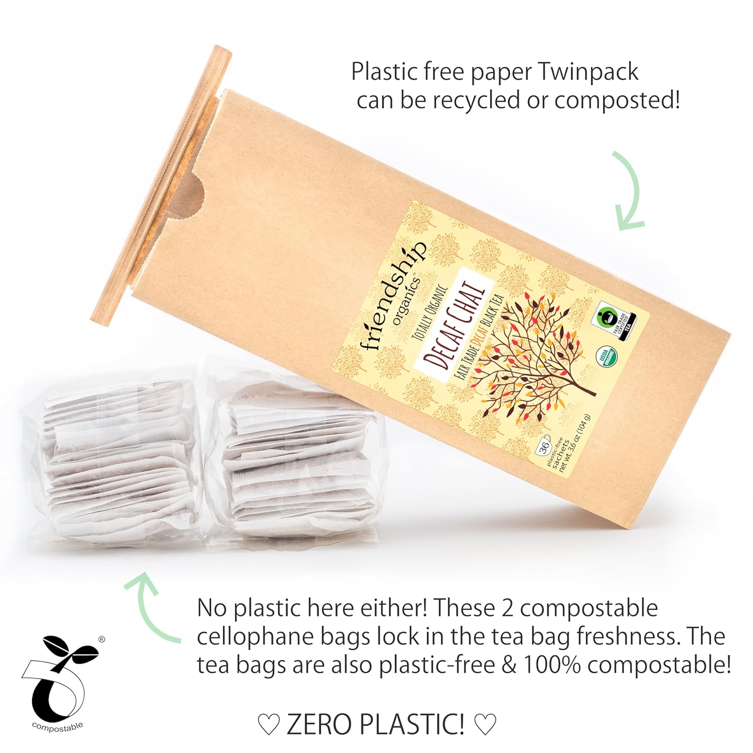 Friendship Organics Bolsas de té Chai descafeinadas, orgánicas y de comercio justo, 36 unidades (paquete de 2)
