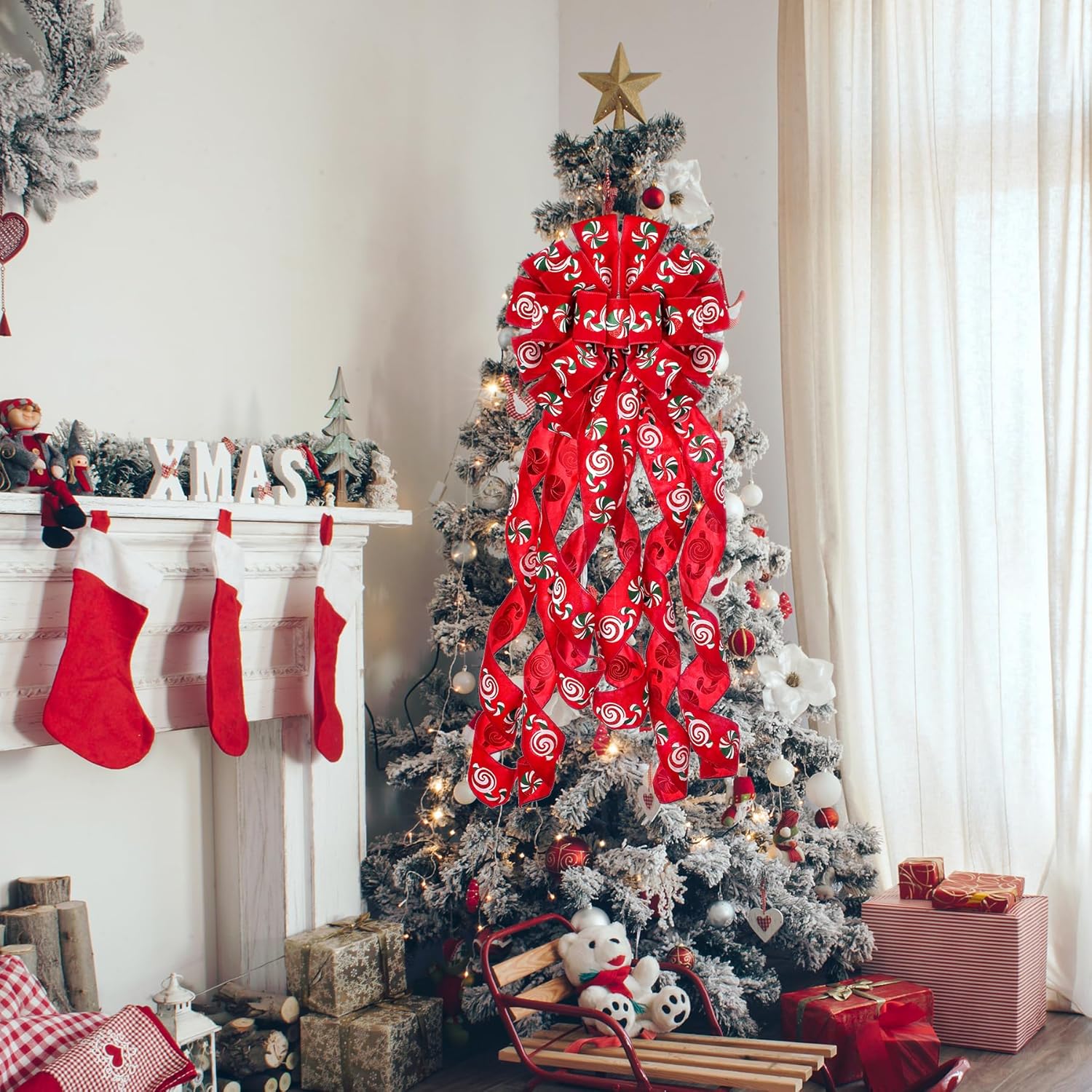Decoración para árbol de Navidad, lazo de corona de Navidad de 45 x 12 pulgadas, lazo rojo grande con caramelo estampado para árbol de Navidad,