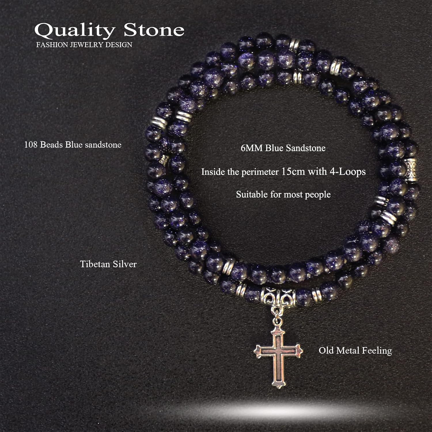 KS-WORKSHOP 108 Beads 6MM Wrap Bracelet for Women Handmade Stretch Long Chain Quality Stone Black Blue Sandstone Beaded Girls Charm Christ Pendant