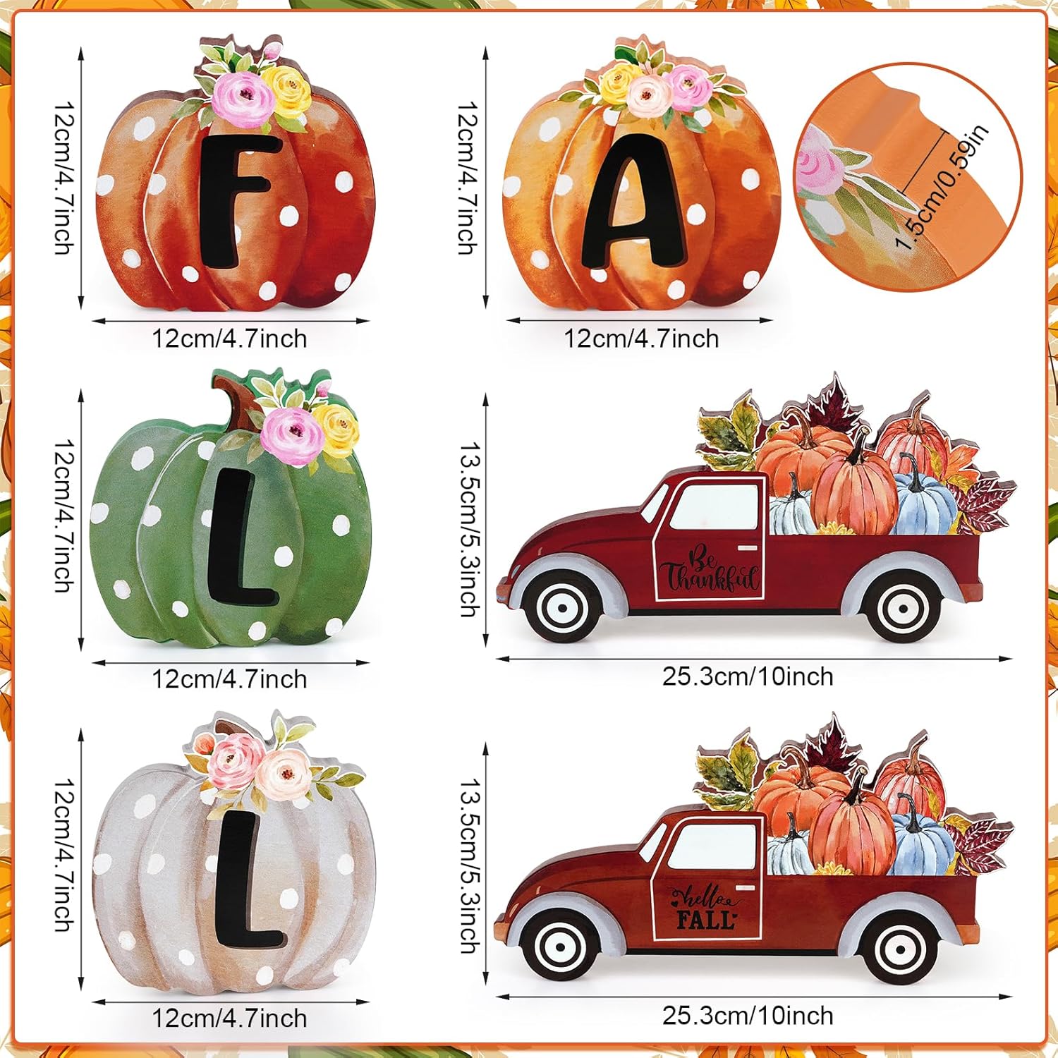6 piezas de decoración de otoño para el hogar, letrero de madera con texto en inglés “Hello Fall”, calabaza, camión, arce, mesa de Acción de