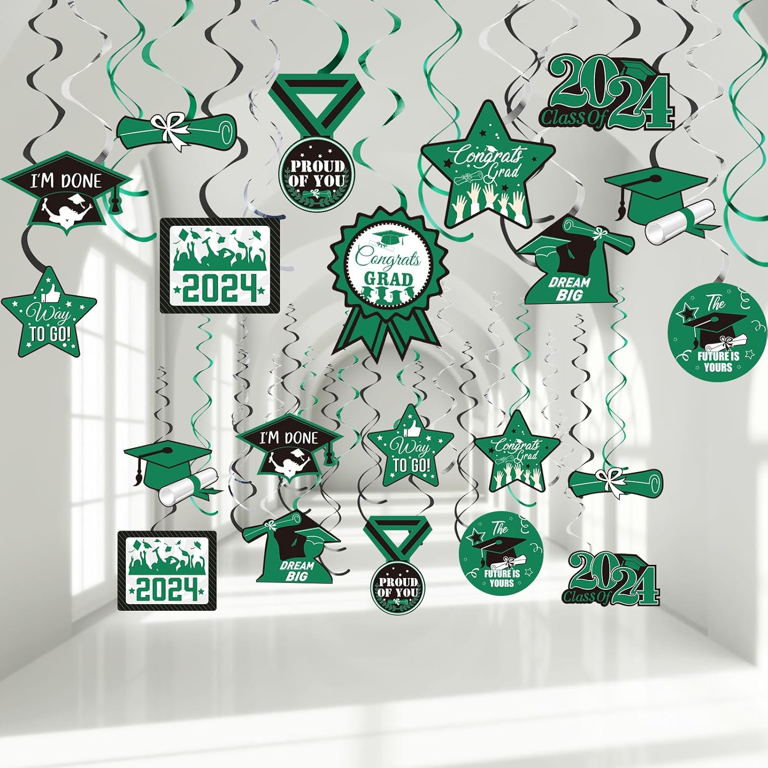 Decoraciones para fiestas de graduación 2022, 30 unidades de remolinos colgantes de aluminio con diseño de estrellas, toga, diplomas, serpentinas de