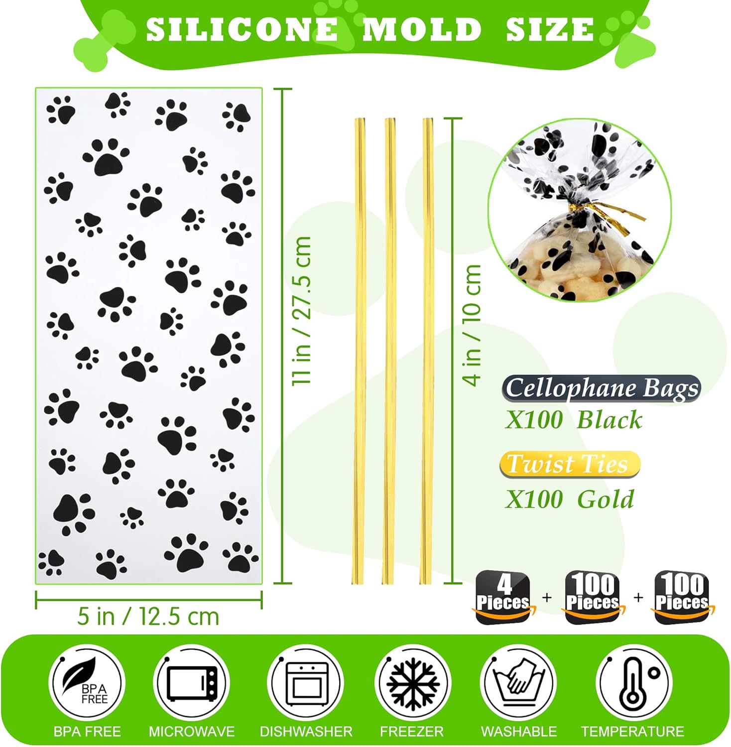 Paquete de 4 moldes de silicona para patas y huesos de cachorro, moldes para hornear, molde de silicona para golosinas y 100 bolsas de golosinas