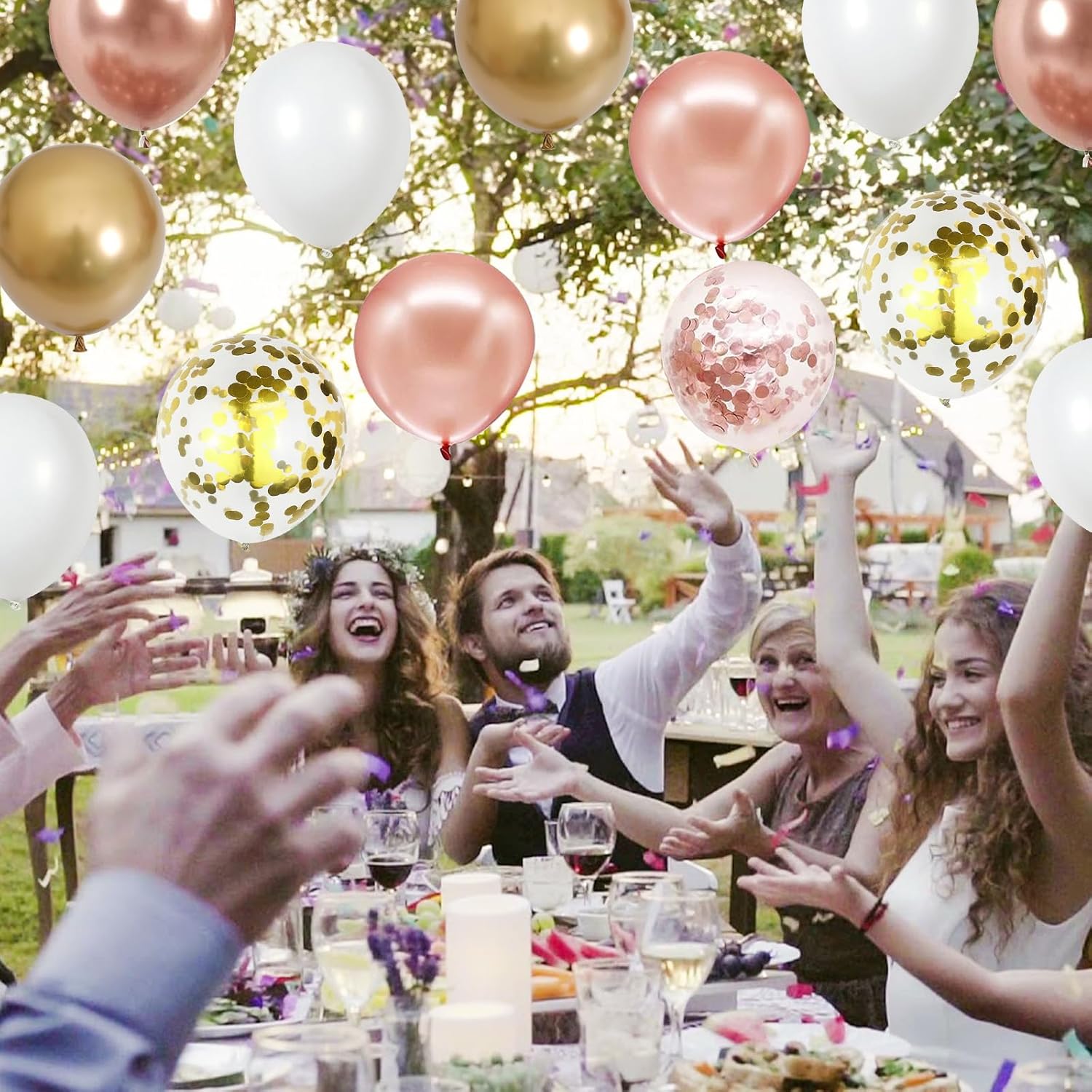 Globos de confeti de oro rosa, 60 paquetes de globos de fiesta de oro rosa metálico de 12 pulgadas y oro cromado con cinta para niñas y mujeres,