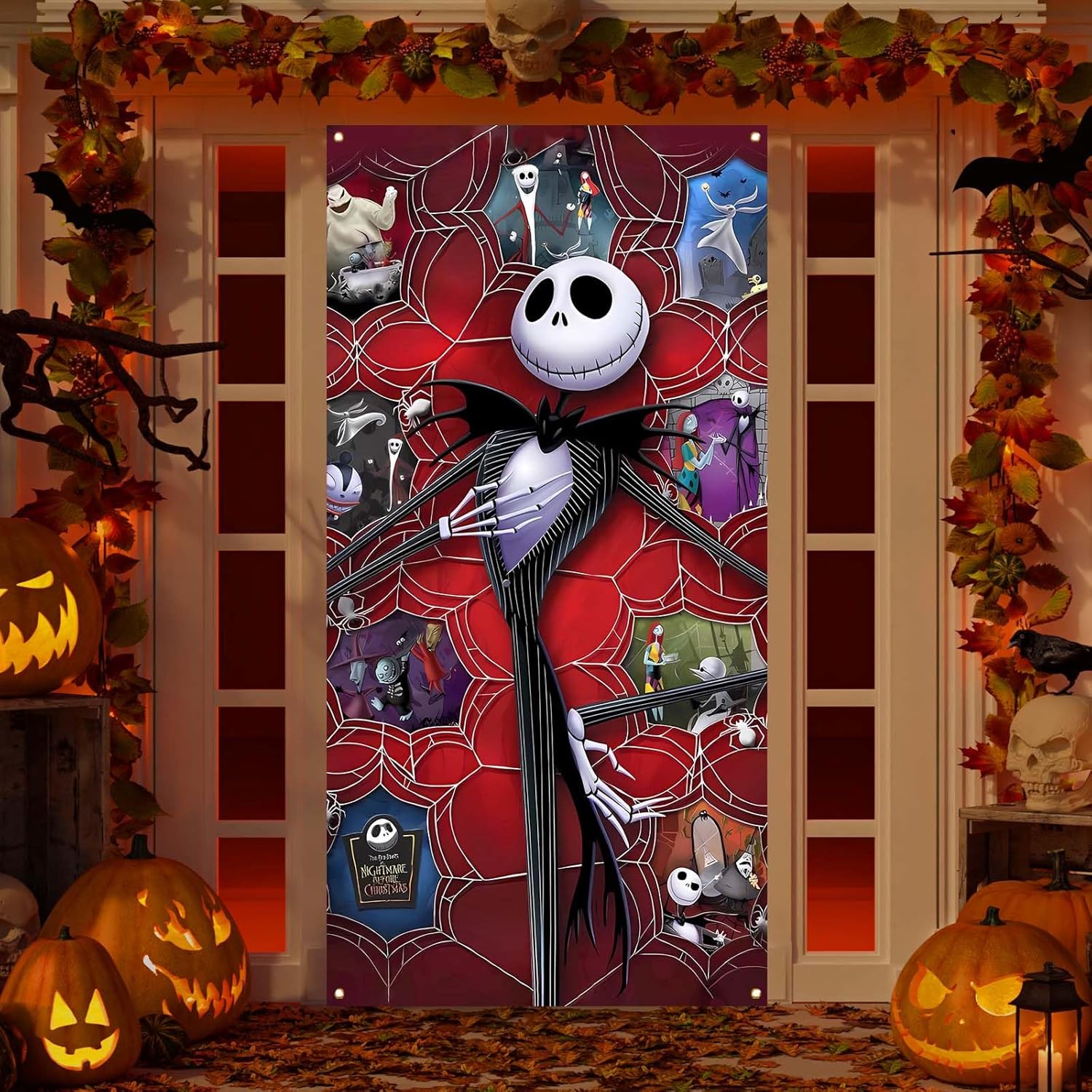 Jack Skellington Sally Zero – Cubierta de puerta de Jack Skellington Sally Zero – Fondo de fotos para Halloween, Navidad, Navidad, decoración y