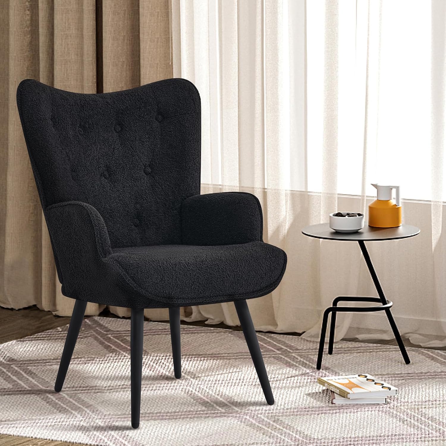 Furnimart Silla decorativa de piel sintética negra con respaldo de ala, silla moderna para sala de estar, cómoda silla de invitados para oficina,