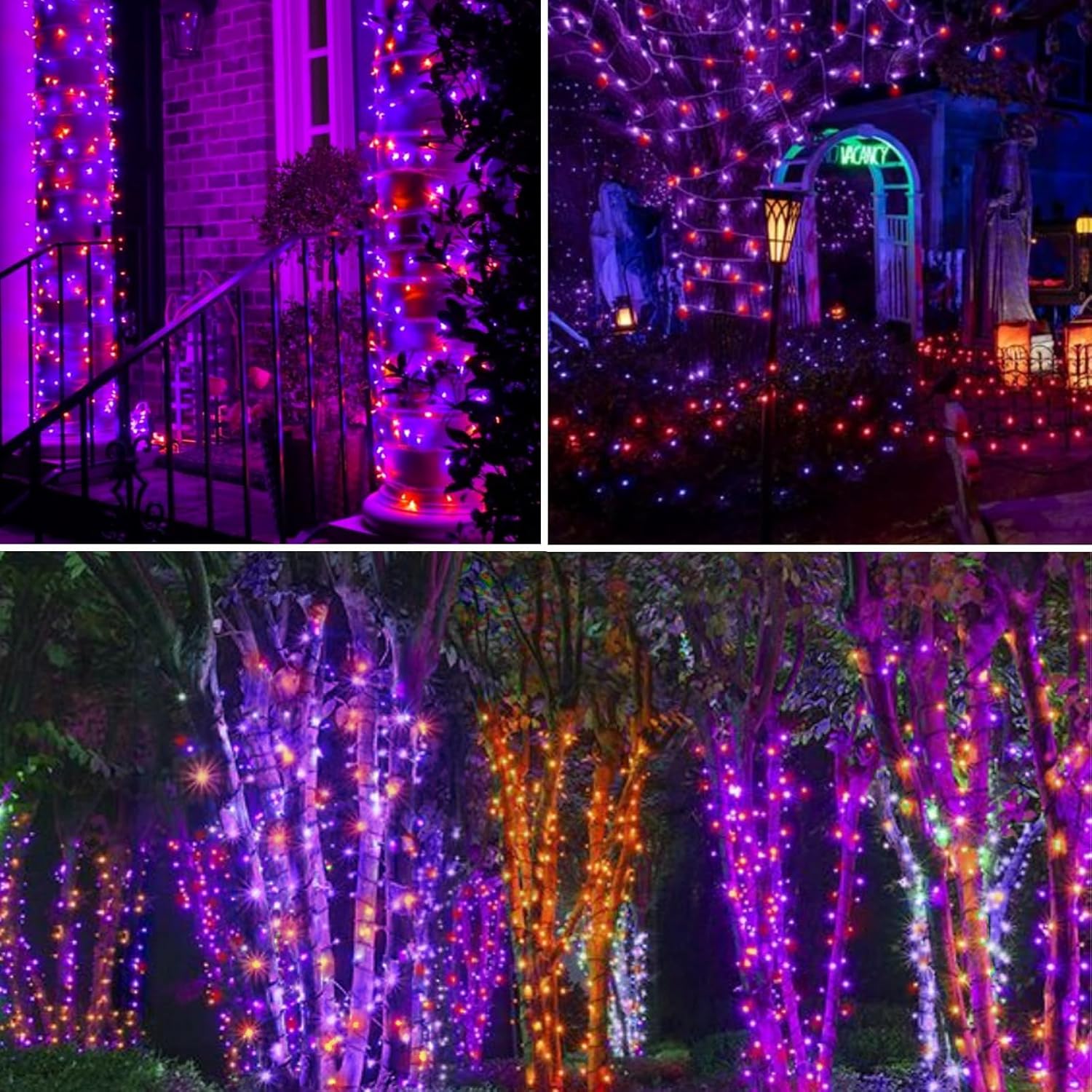 Luces solares de Halloween naranjas y moradas impermeables para exteriores, cadena de luces solares de alambre negro, 8 modos, luces solares