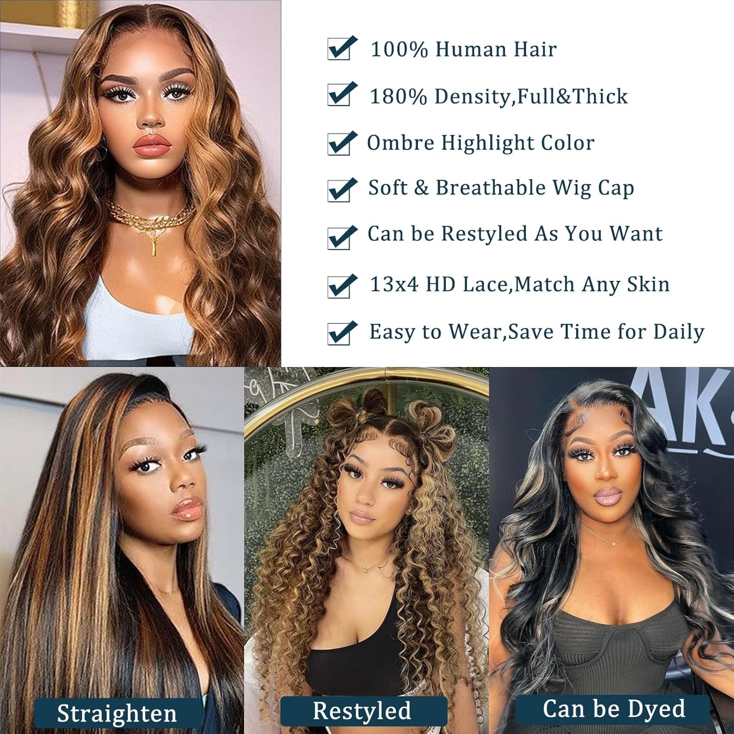 Pelucas de cabello humano rubio miel con encaje frontal de 13 x 4 con reflejos degradados 427, pelucas de cabello humano con encaje frontal de 180 %