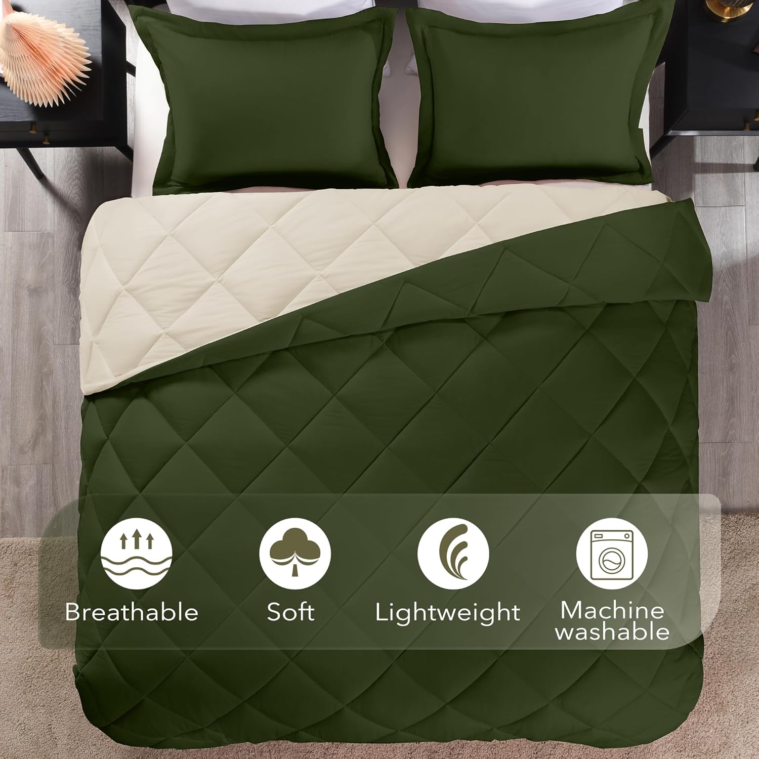 downluxe Juego de edredón ligero (individual) con 1 funda de almohada, juego de 2 piezas, color verde liquen y blanco, edredón reversible