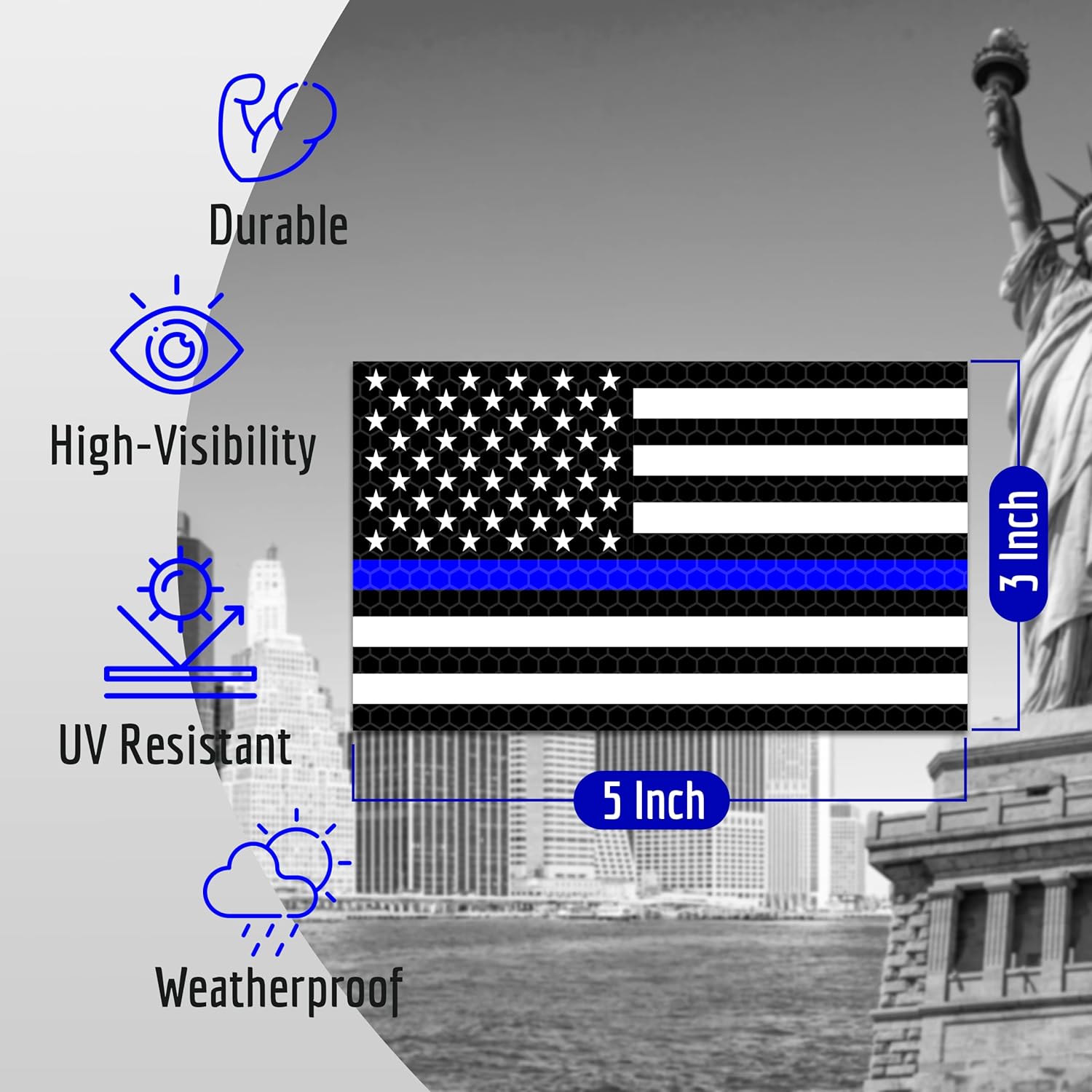 2 imanes reflectantes de línea azul delgada para automóvil, 5 x 3 pulgadas, imán de bandera estadounidense de línea azul para camiones, policías