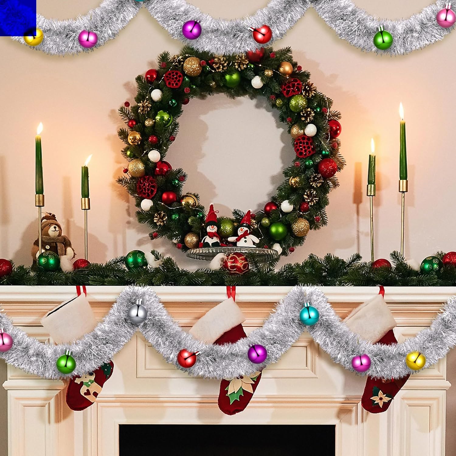 5 guirnaldas de oropel de Navidad de 33 pies, guirnalda metálica con espiral de árbol de bolas, serpentinas metálicas, bolas de Navidad, decoración