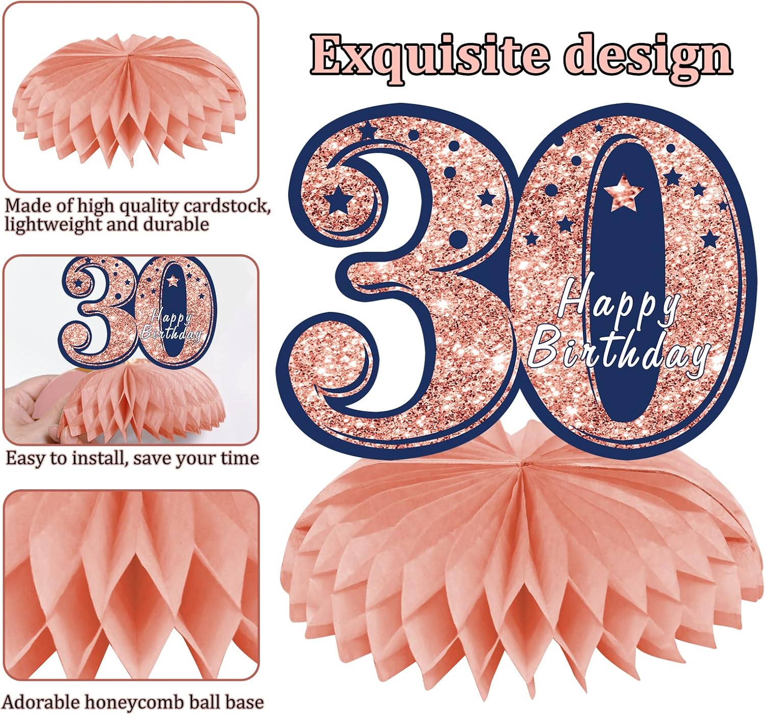 Turypaty Decoraciones de 30 cumpleaños color oro rosa, azul marino, centros de mesa de panal de abeja, 8 piezas de centros de mesa de cumpleaños de