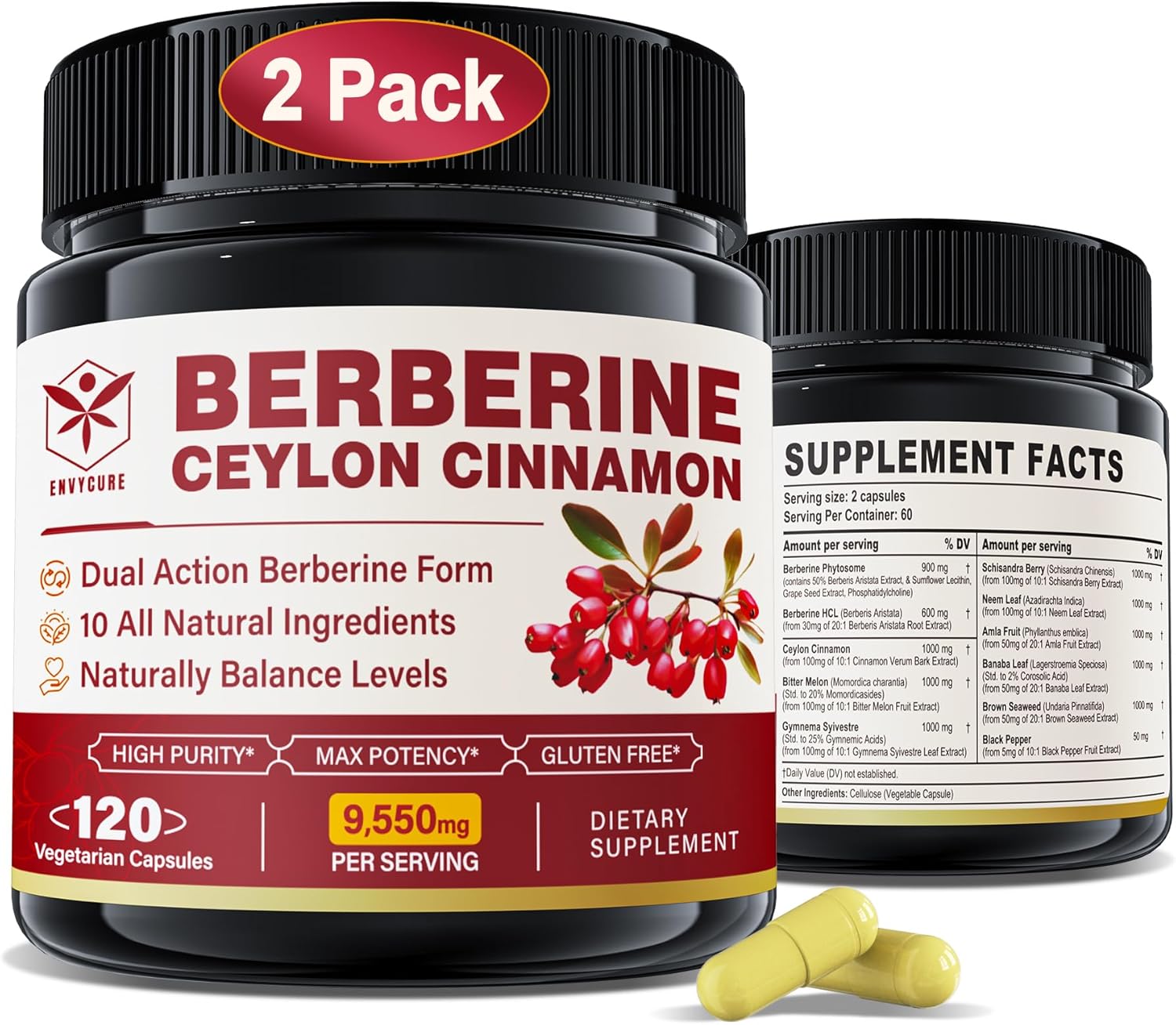 Suplemento de berberina de 1500 mg con canela de Ceilán, melón amargo, hoja de plátano y extracto botánico para apoyo inmunológico y manejo