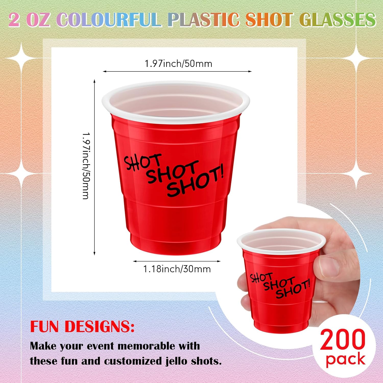 Lounsweer 200 vasos de chupito de plástico de 2 onzas, vasos desechables para fiesta, mini tazas para despedida de soltera, cumpleaños, degustación