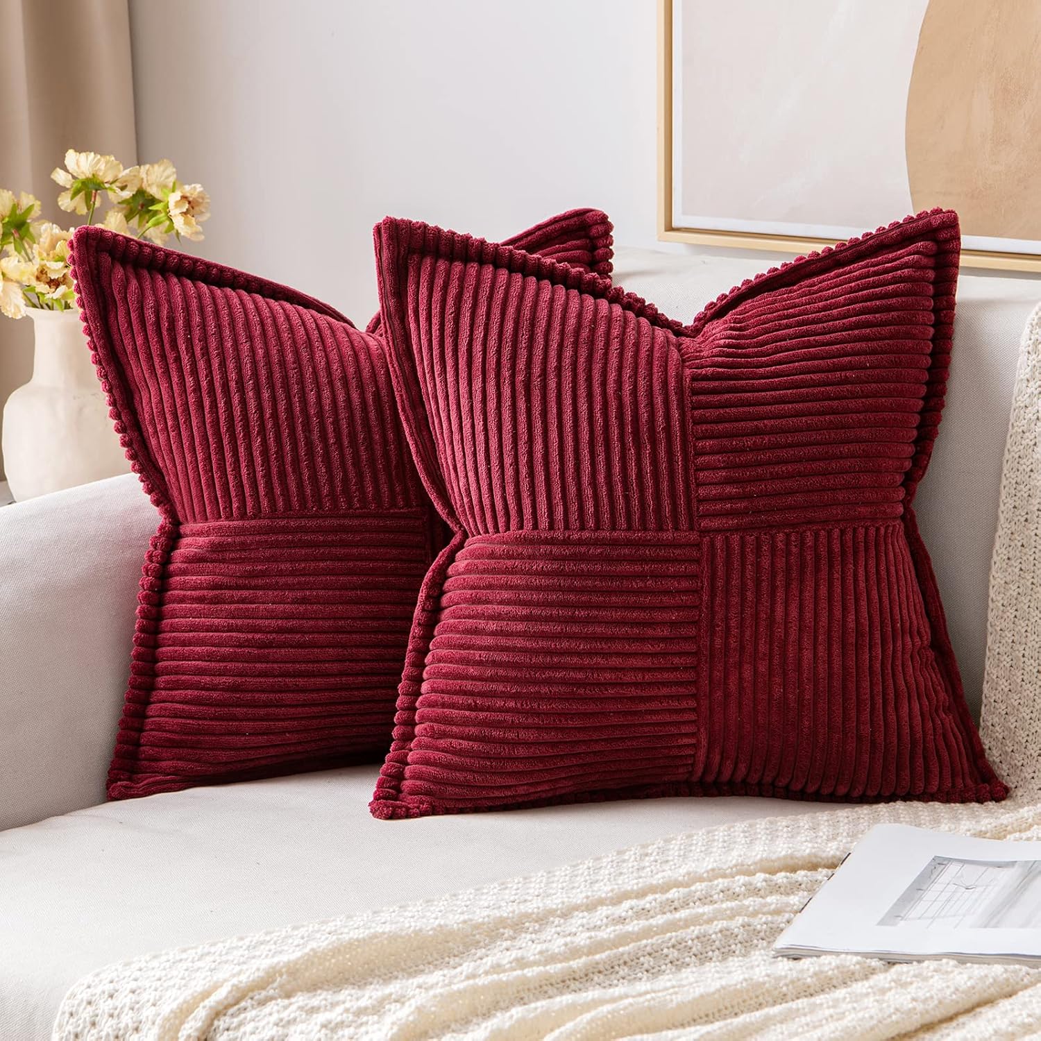 MIULEE Juego de 2 fundas de almohada de pana con empalme, súper suaves, bohemias, a rayas, decorativas, con textura, para sofá, cama, sala de estar,
