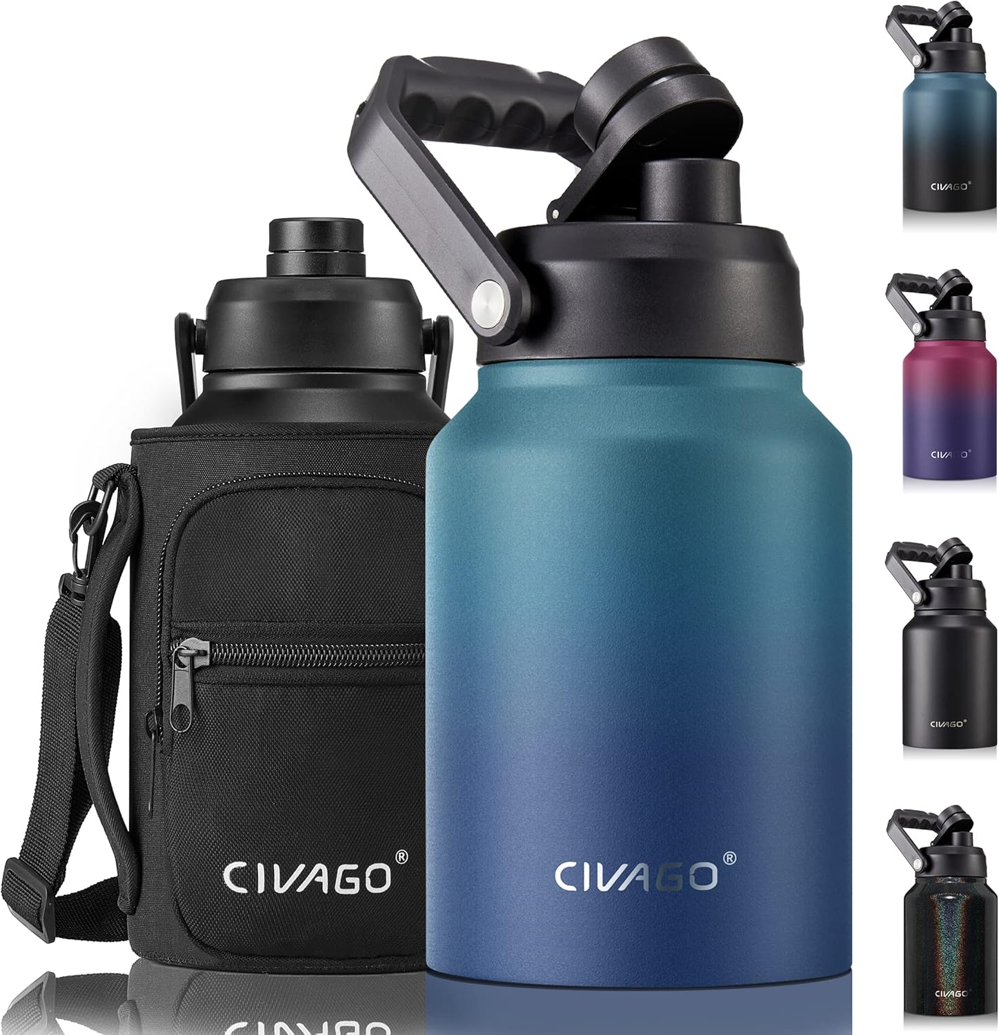 CIVAGO Botella de agua aislada de medio galón, frasco de agua deportivo de acero inoxidable de 64 onzas, taza térmica grande con bolsa y asa, noche