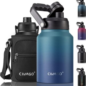 CIVAGO Botella de agua aislada de medio galón, frasco de agua deportivo de acero inoxidable de 64 onzas, taza térmica grande con bolsa y asa, noche CIVAGO Botella de agua aislada de medio galón, frasco de agua deportivo de acero inoxidable de 64 onzas, taza térmica grande con bolsa y asa, noche