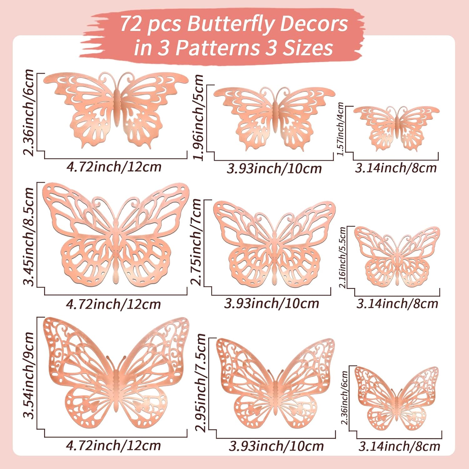 72 decoraciones de mariposa de oro rosa, decoración de mariposa 3D con 3 estilos 3 tamaños, calcomanías extraíbles de mariposa de oro rosa para
