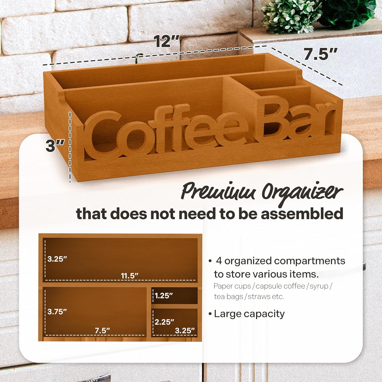Organizador de estación de café, organizador de café de madera para oficina y hogar, organizador de estación de café para encimera, organizador de