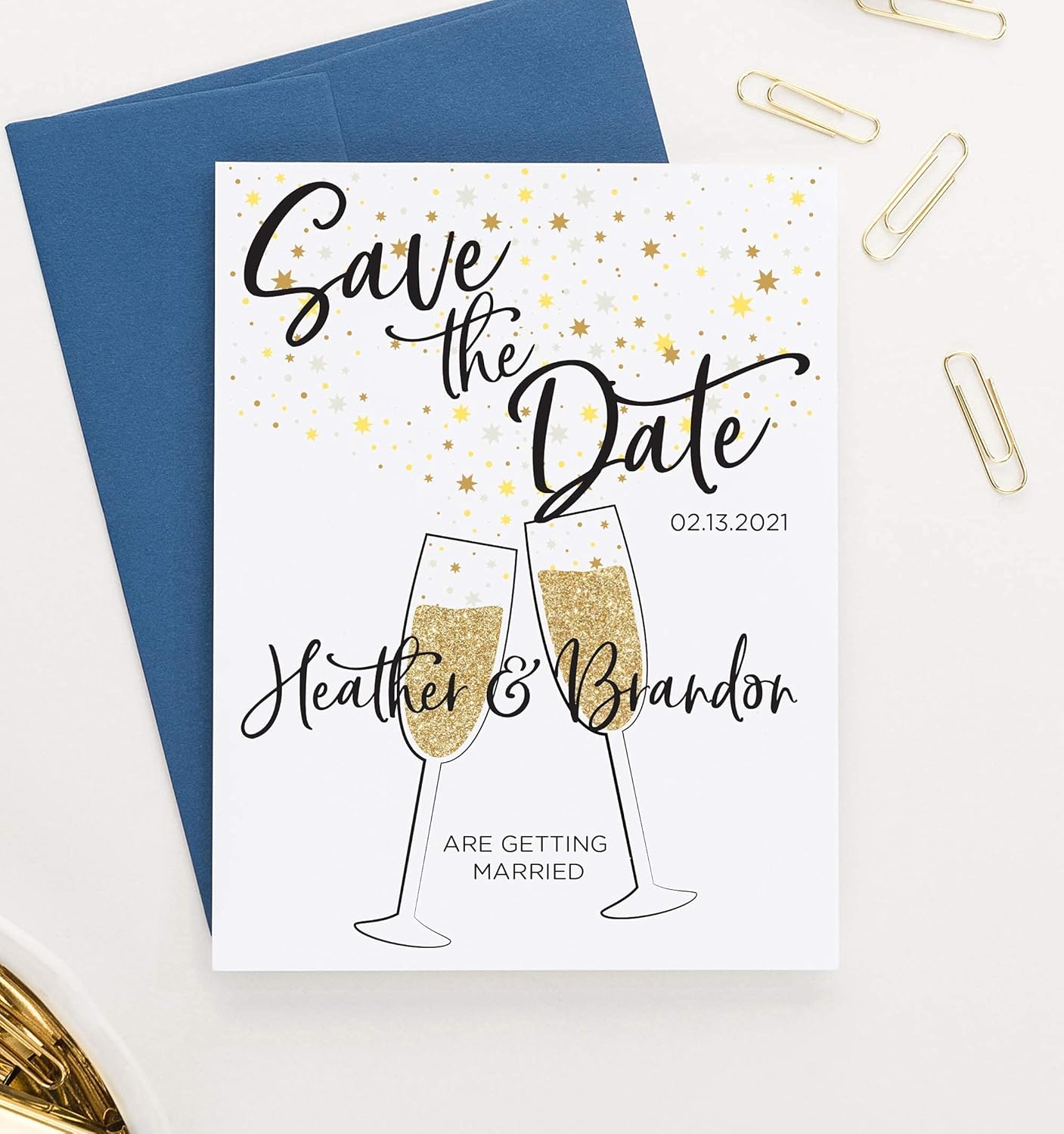 Modern Save the Dates with Envelopes, Champagne Toast, Gold and Black, Your choice of Quantity and Envelope Color