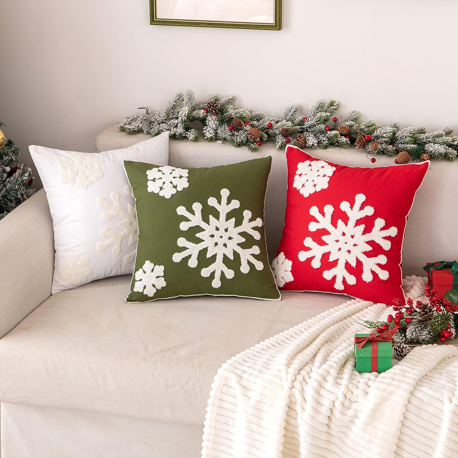 MIULEE Paquete de 2 fundas de almohada decorativas de Navidad con diseño de copo de nieve, fundas de cojín de lona bordadas, fundas de almohada