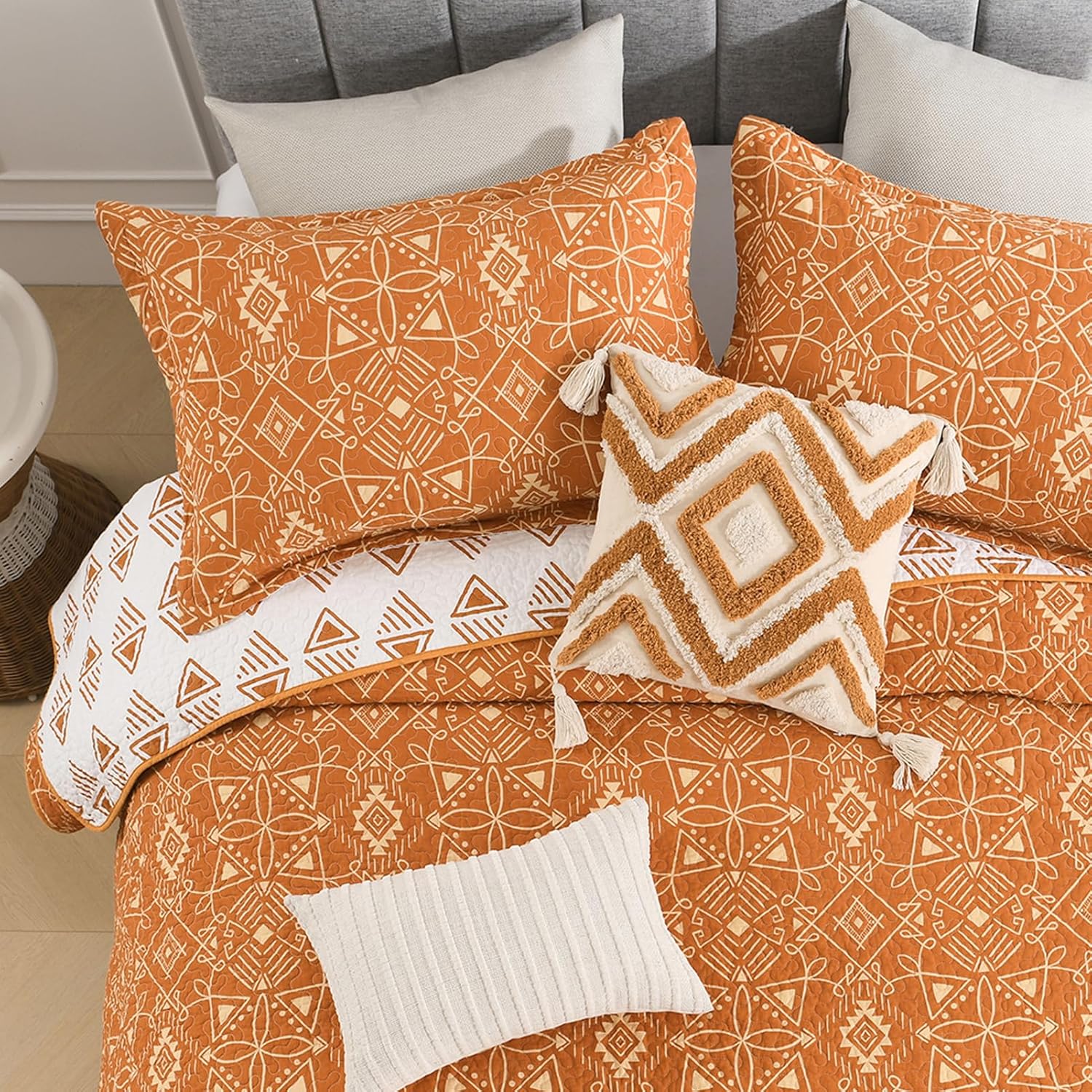 DUOHONG Juego de colcha tamaño King  Juego de colcha de 100% algodón naranja para cama King, 3 piezas geométricas de granja, reversible, rústico,