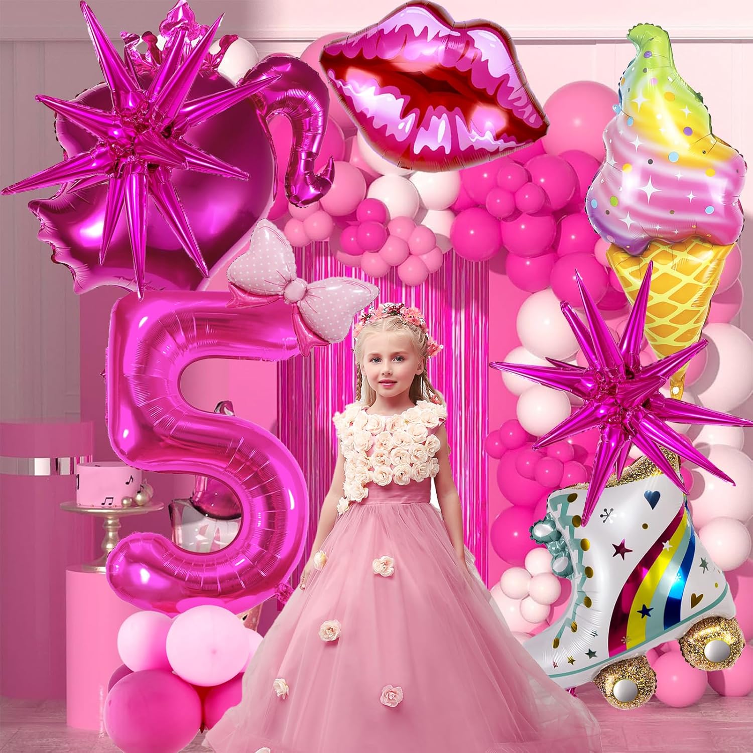 Juego de 20 globos de Mylar de color rosa intenso para decoración de cumpleaños de niña de 5 años