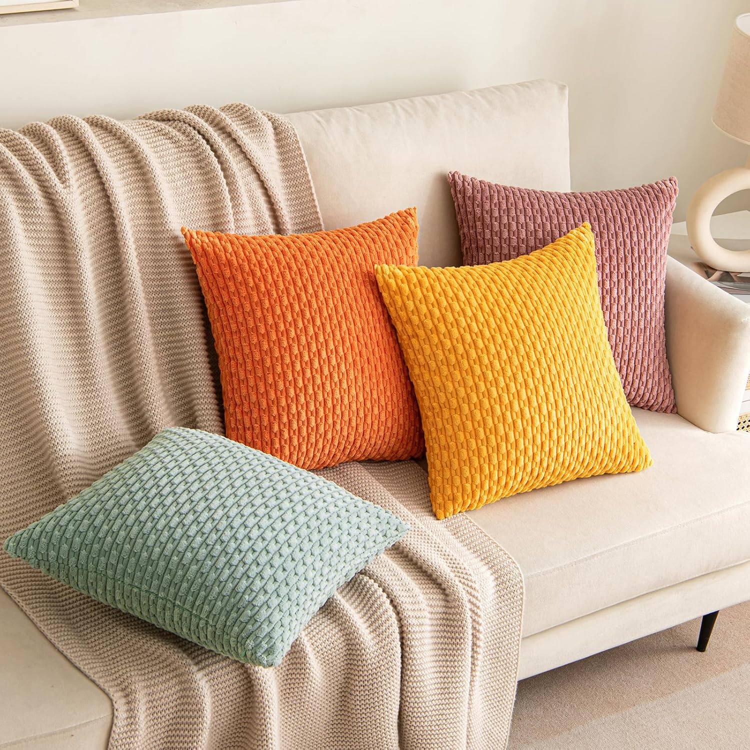 EMEMA Juego de 2 fundas de almohada cuadradas de pana suave a rayas de 16 x 16 pulgadas, fundas de cojín cuadradas para decoración del hogar rural