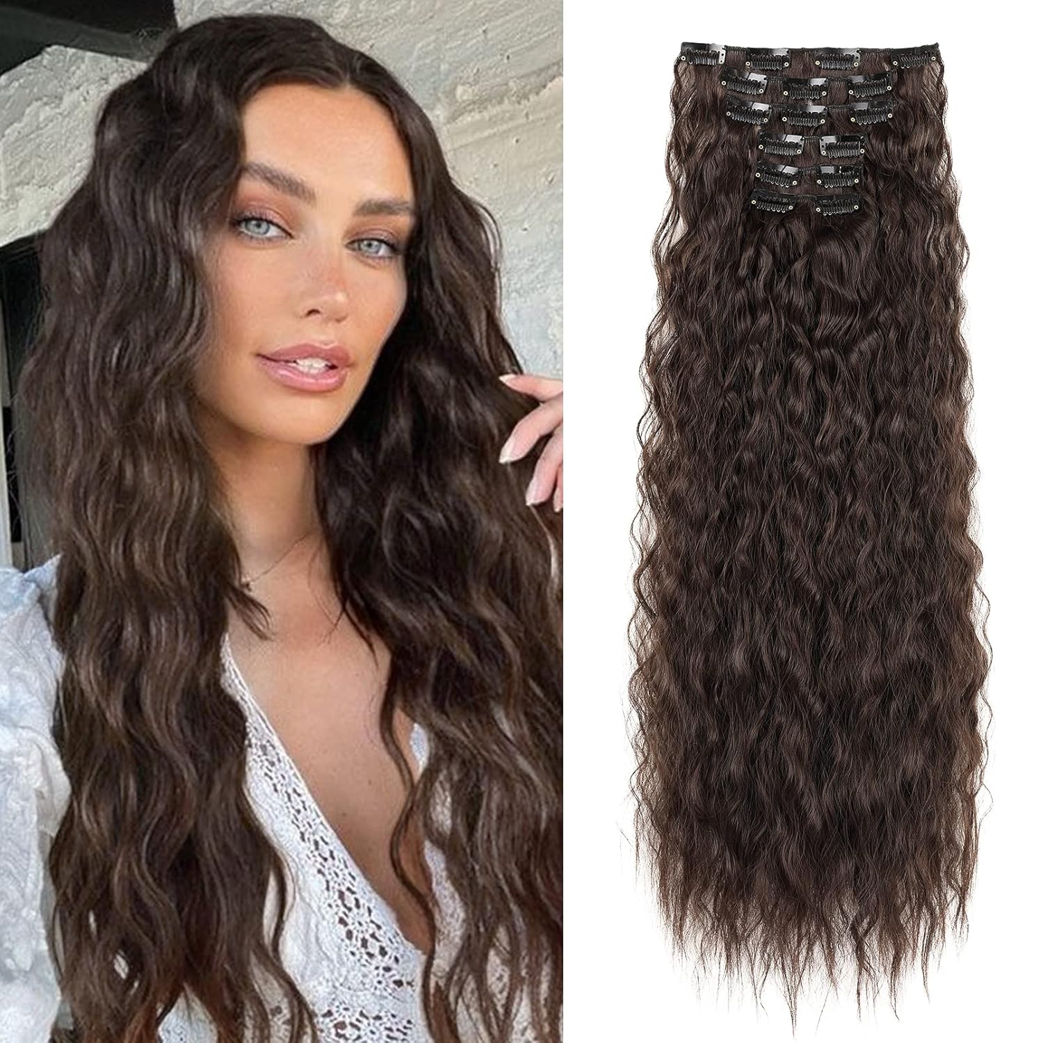 YOGFIT Extensiones de cabello sintético largo y ondulado con clip, de 24 pulgadas, 6 unidades, balayage, color marrón oscuro, grueso, fibra