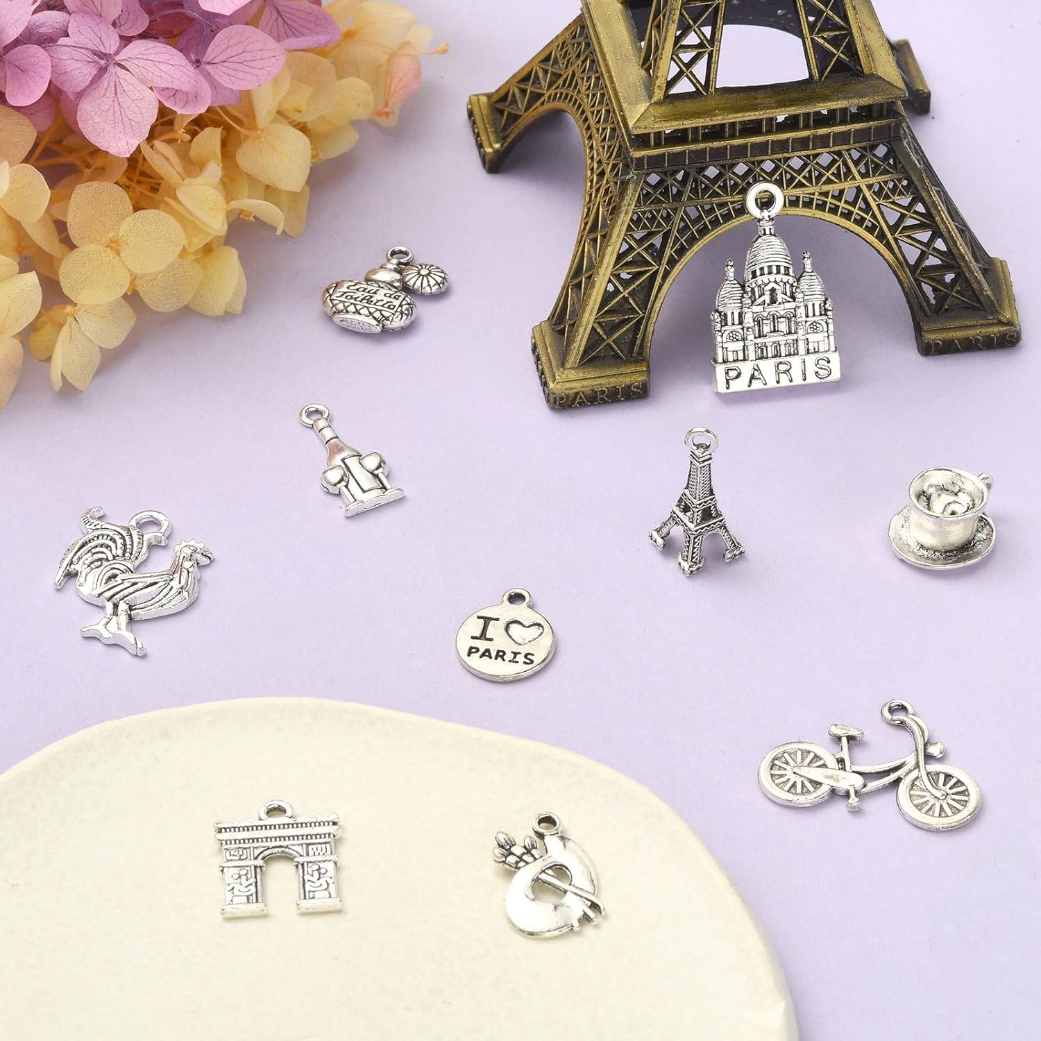 LiQunSweet 100 piezas de 10 estilos de estilo antiguo con temática de París Francia, taza de café, bicicleta, construcción, viajes, para hacer joyas