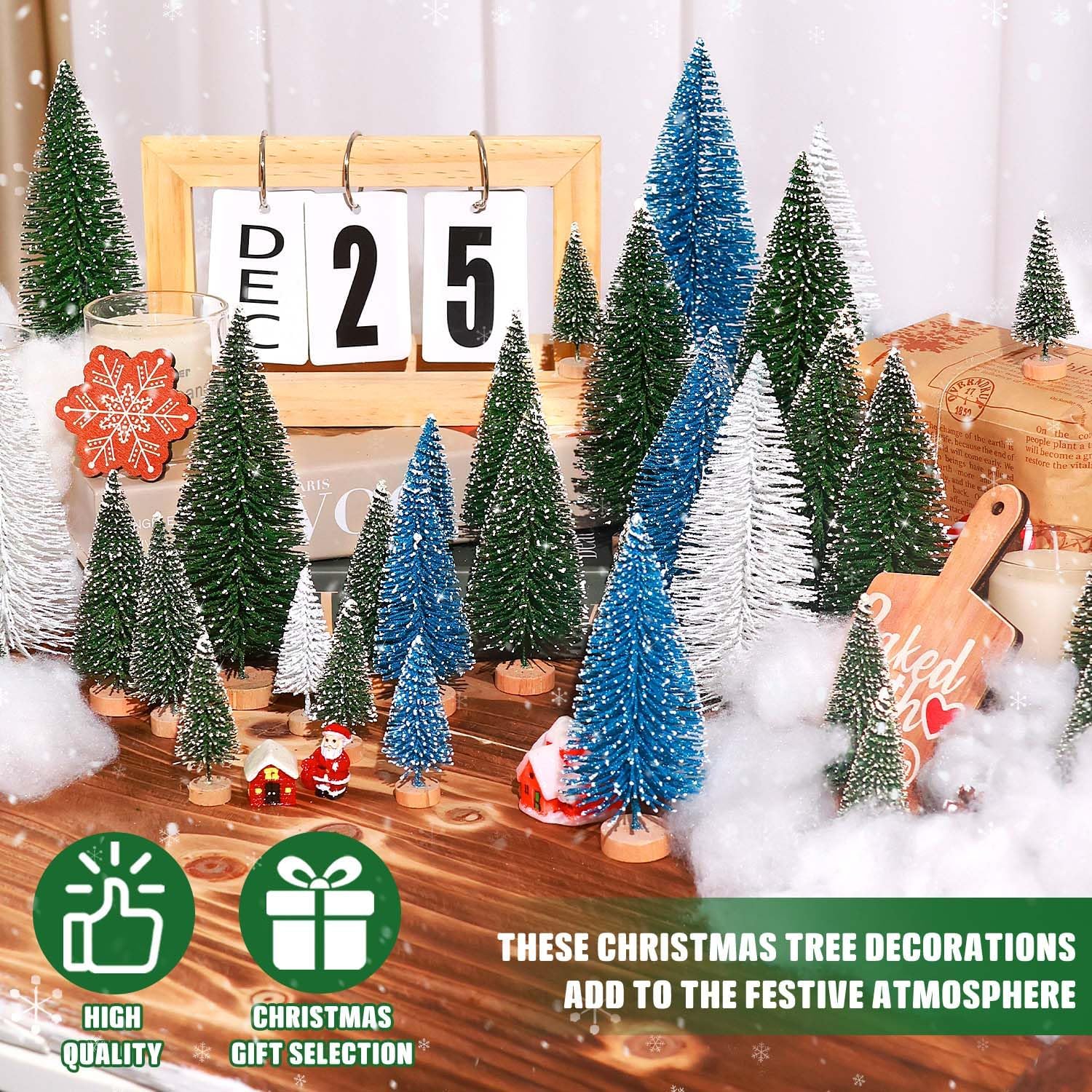 30 piezas de mini árboles de Navidad artificiales para árbol de Navidad, árboles de cepillo con base de madera para decoración de Navidad, fiesta de