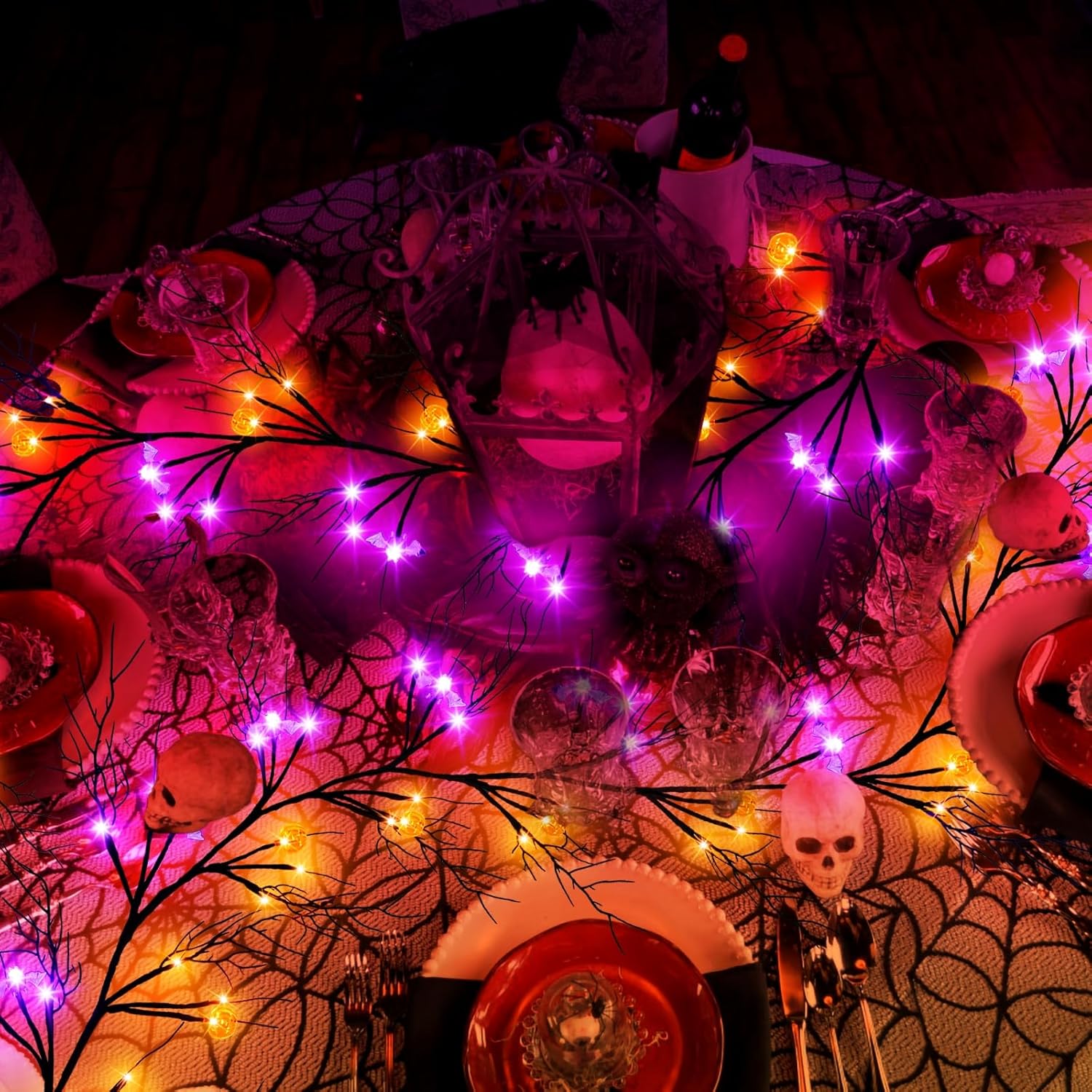 Guirnalda de decoración de ramitas de sauce de Halloween de 6 pies con 57 luces LED con temporizador, 9 calabazas y 7 murciélagos, impermeable,