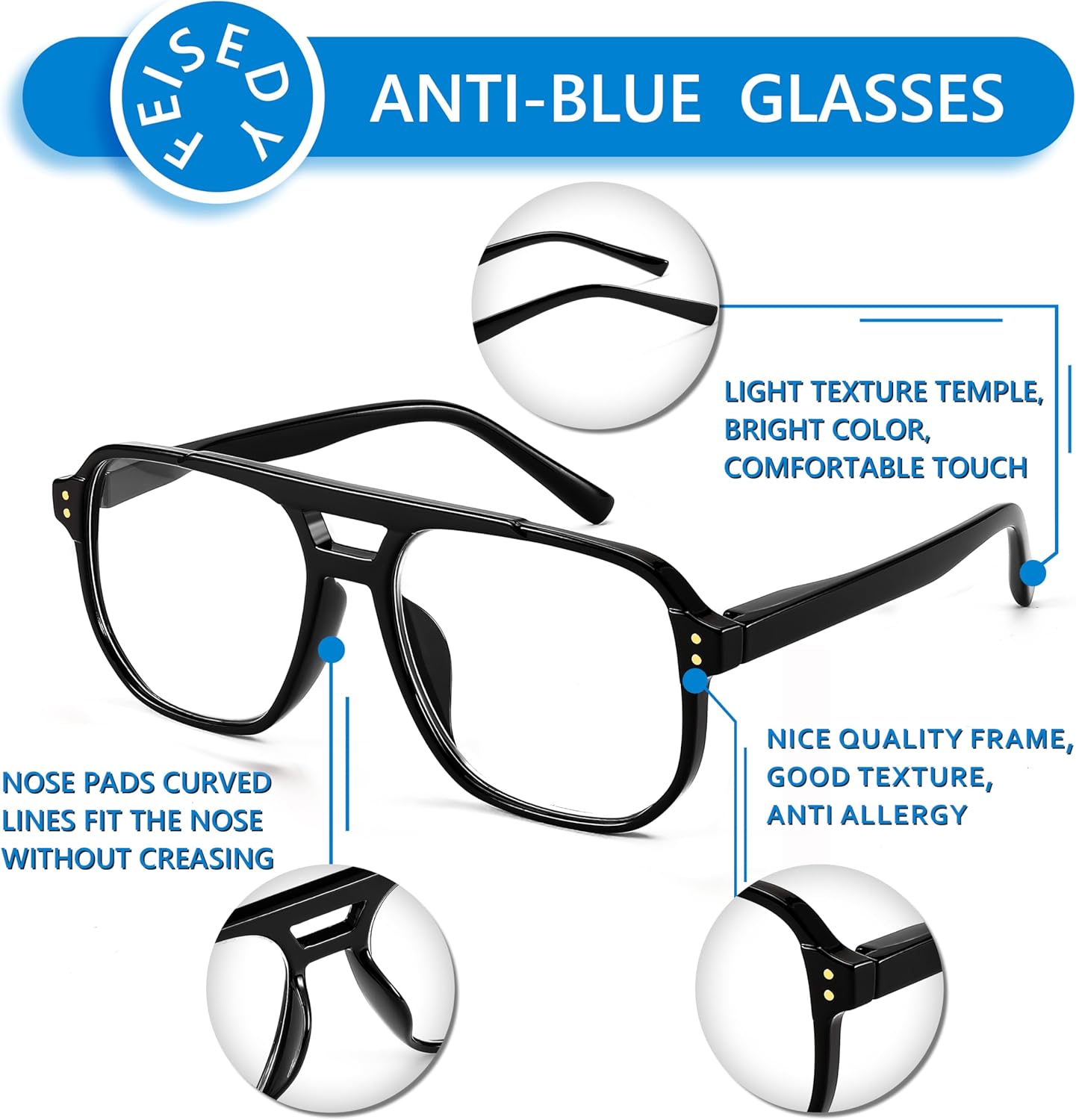 FEISEDY Retro Aviador Lectura Gafas Mujeres Hombres Azul Bloqueo Luz Lector Plástico Ligero Marco B0071