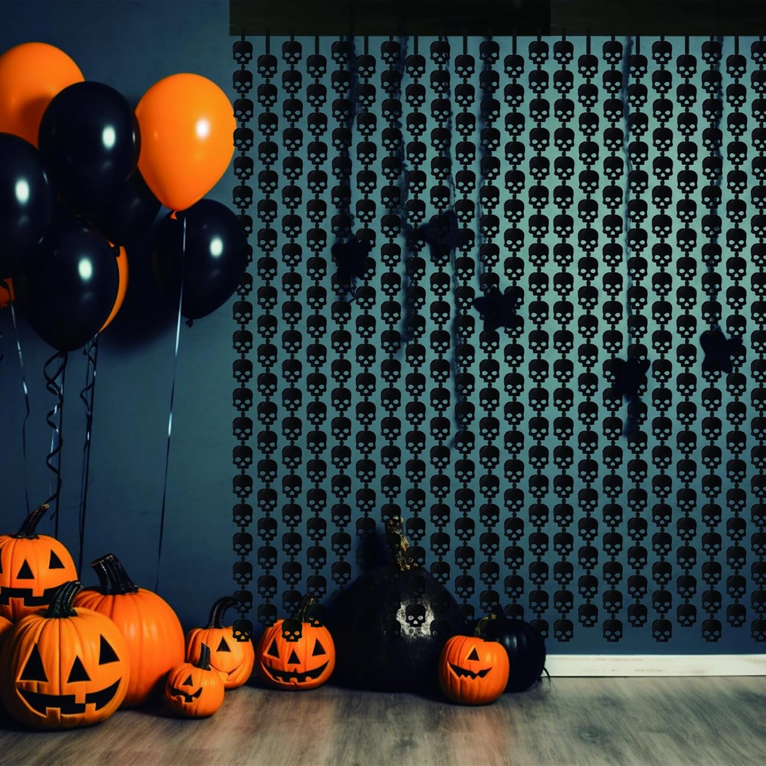 Paquete de 2 cortinas de flecos de papel de aluminio de 3.3 x 6.6 pies, cortinas de oropel metálico de calavera negra, serpentina, accesorios de