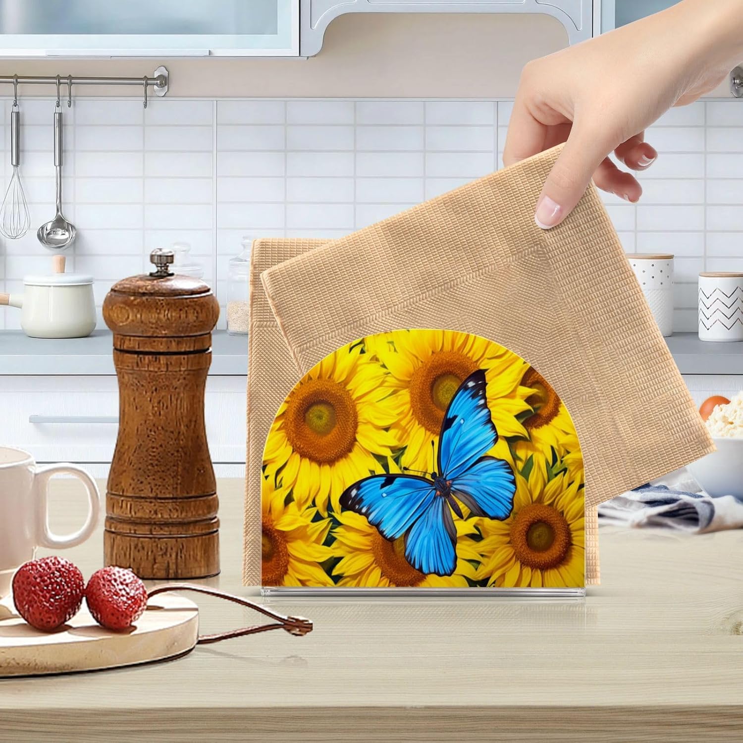 Sunflower Butterfly Acrylic Napkin Holder, Standing U-Shape Napkin Holder Non-Slip Paper Cocktail Napkins Holder for Tables Kitchen Restaurant Home