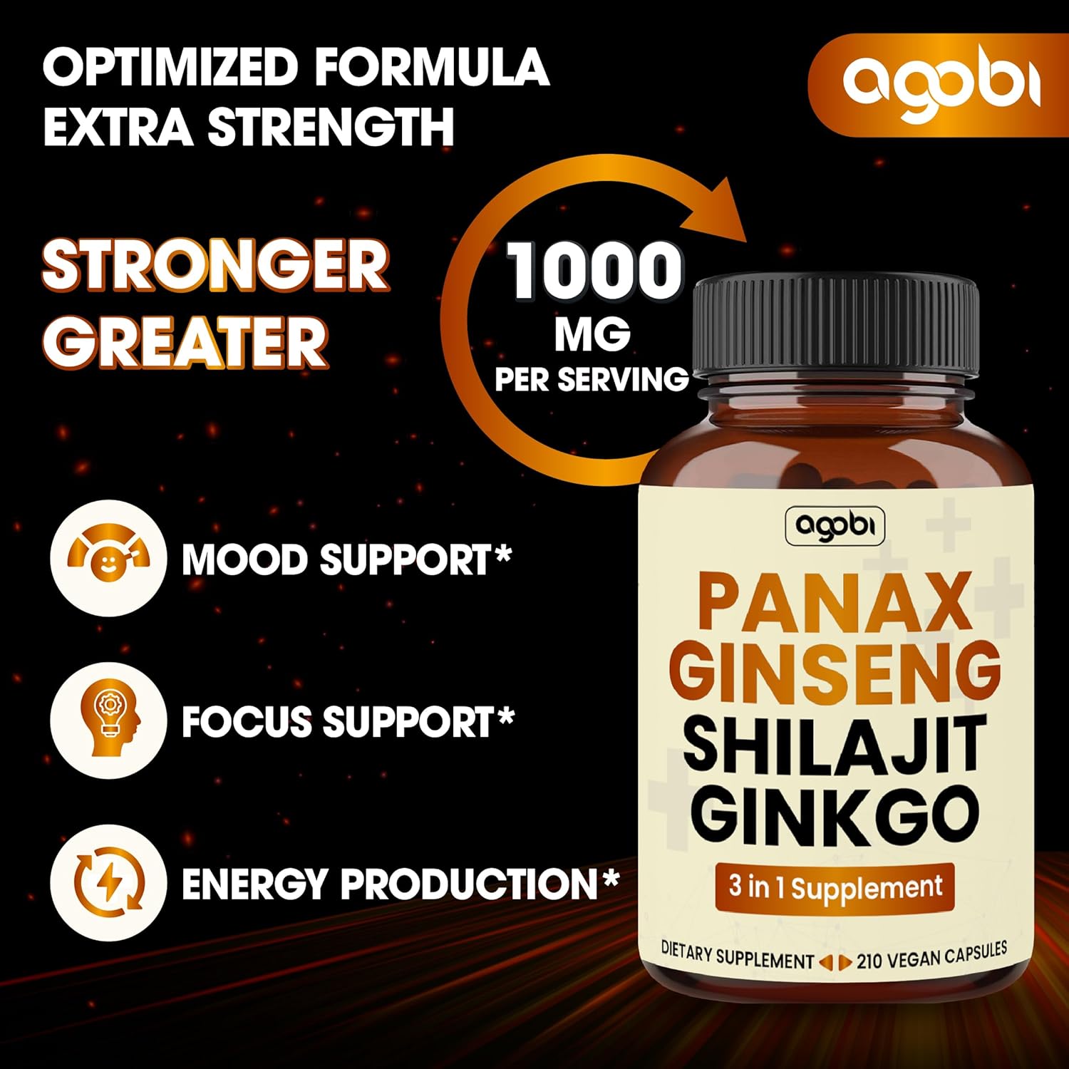 agobi Suplemento de Panax Ginseng de 1000 mg con Shilajit y Ginkgo – 210 cápsulas veganas – Fórmula súper concentrada para producción de energía,