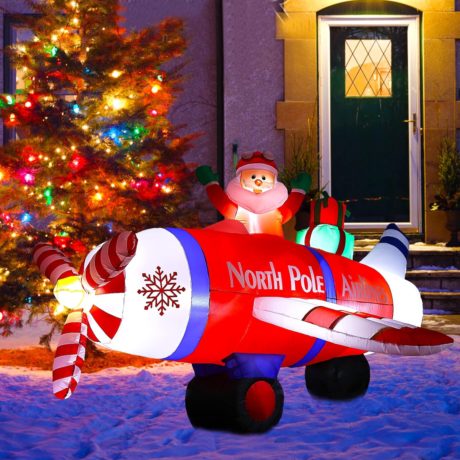 Inflables de Navidad de 8 pies, decoraciones al aire libre, avión polar volador gigante de Papá Noel con regalos, decoraciones inflables iluminadas